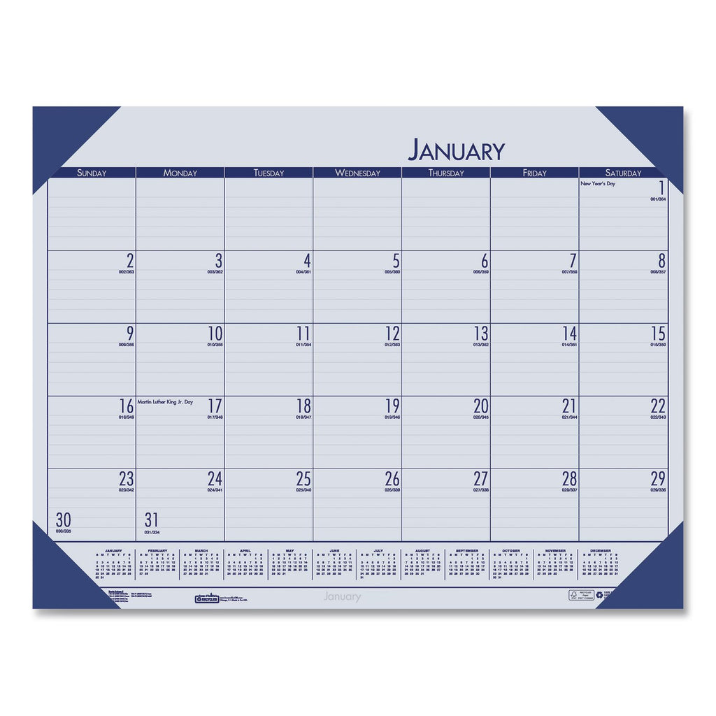 EcoTones Recycled Monthly Desk Pad Calendar, 22 x 17, Ocean Blue Sheets/Corners, Black Binding, 12-Month (Jan-Dec): 2024