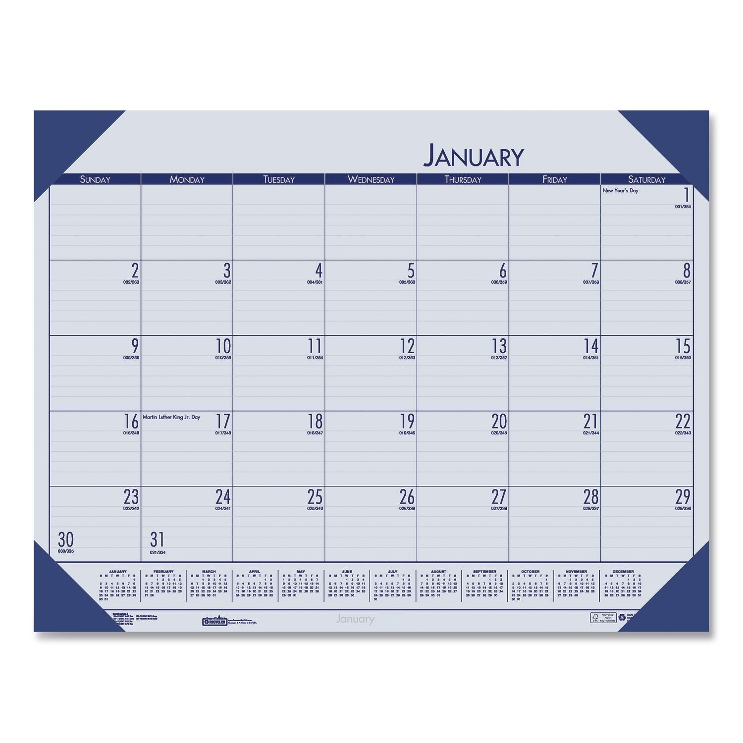 EcoTones Recycled Monthly Desk Pad Calendar, 22 x 17, Ocean Blue Sheets/Corners, Black Binding, 12-Month (Jan-Dec): 2024