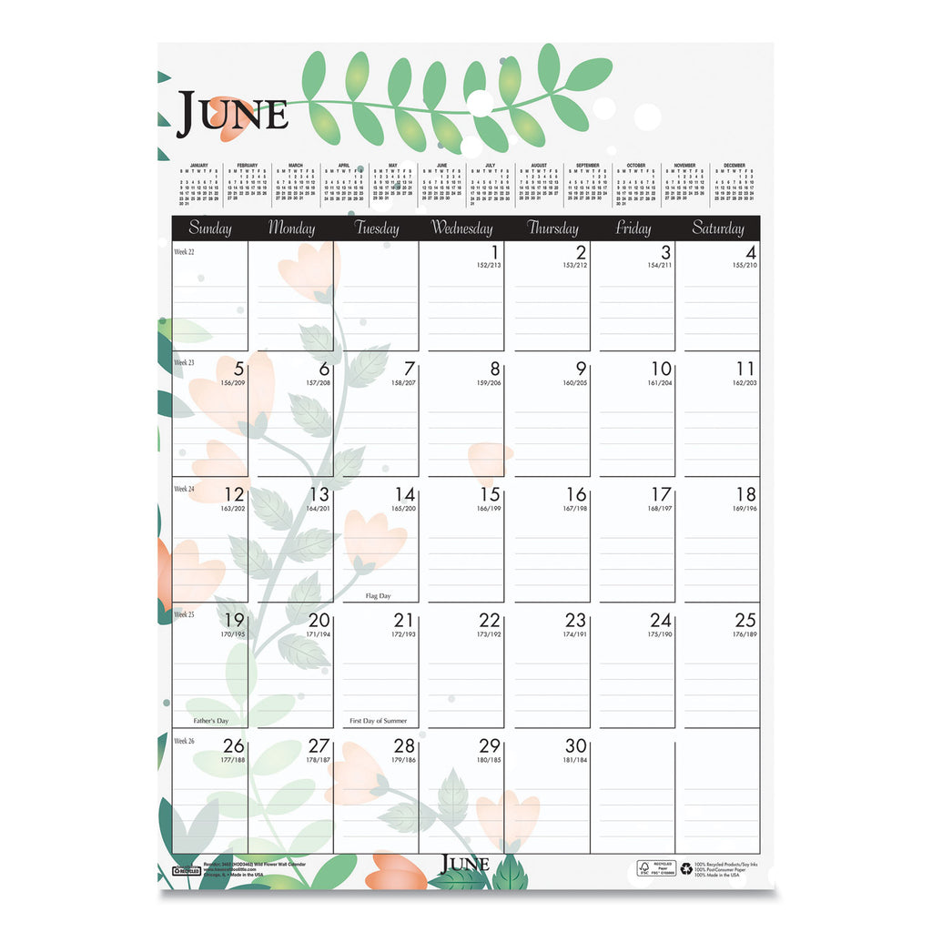 House of Doolittle Wild Flower Monthly Wall Calendar - Large Size - Julian Dates - Monthly - 12 Month - January - December - 1 Month Single Page Layout - Wire Bound - Chipboard - 16.5" Height x 12" Width - Dated Planning Page, Hanging Loop, Durable,