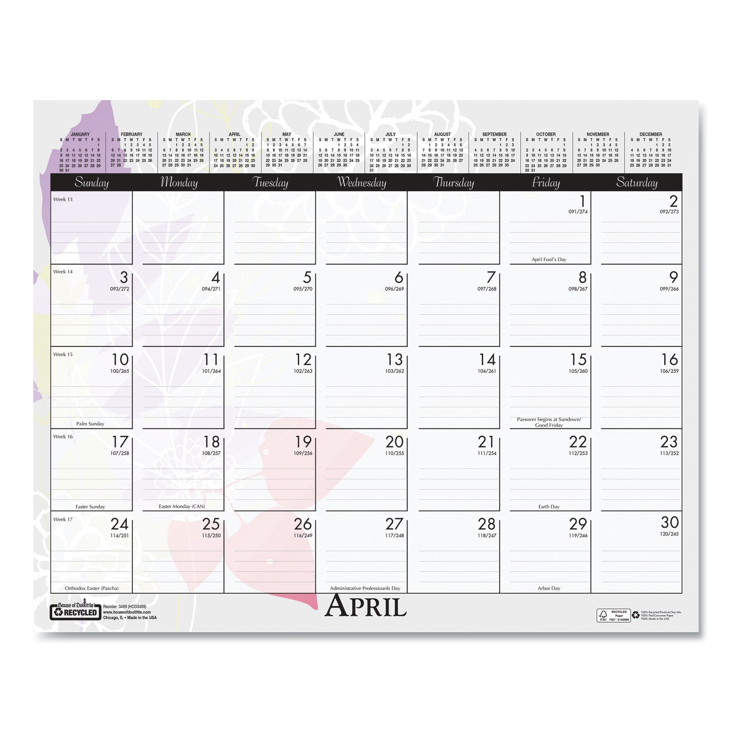 Recycled Wild Flower Wall Calendar, Wild Flowers Artwork, 15 x 12, White/Multicolor Sheets, 12-Month (Jan to Dec): 2024