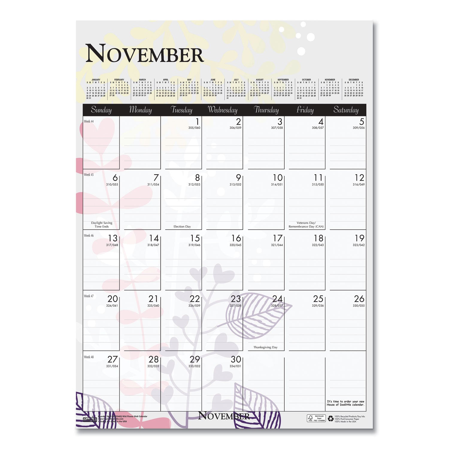 House of Doolittle Wild Flower Monthly Wall Calendar - Large Size - Julian Dates - Monthly - 12 Month - January - December - 1 Month Single Page Layout - Wire Bound - Chipboard - 16.5" Height x 12" Width - Dated Planning Page, Hanging Loop, Durable,