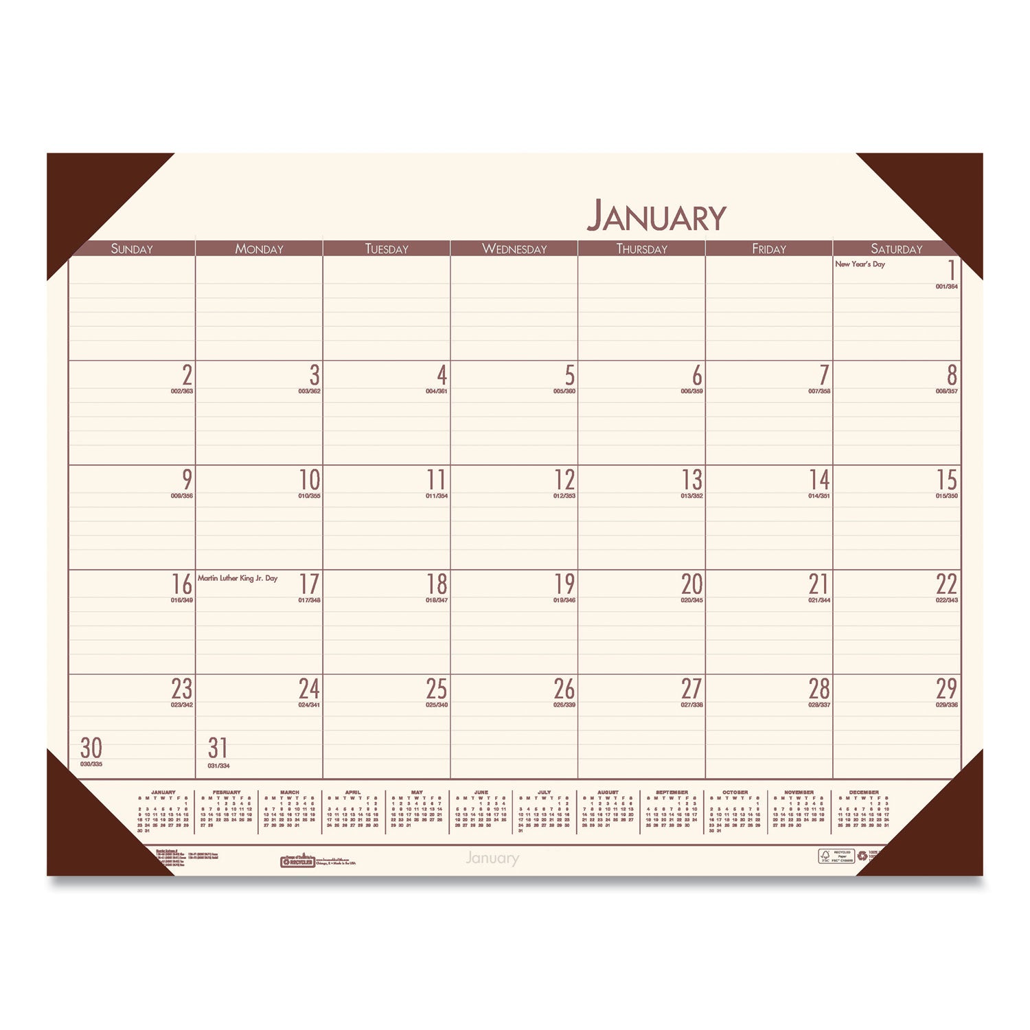 EcoTones Recycled Monthly Desk Pad Calendar, 22 x 17, Moonlight Cream Sheets, Brown Corners, 12-Month (Jan to Dec): 2024 - 