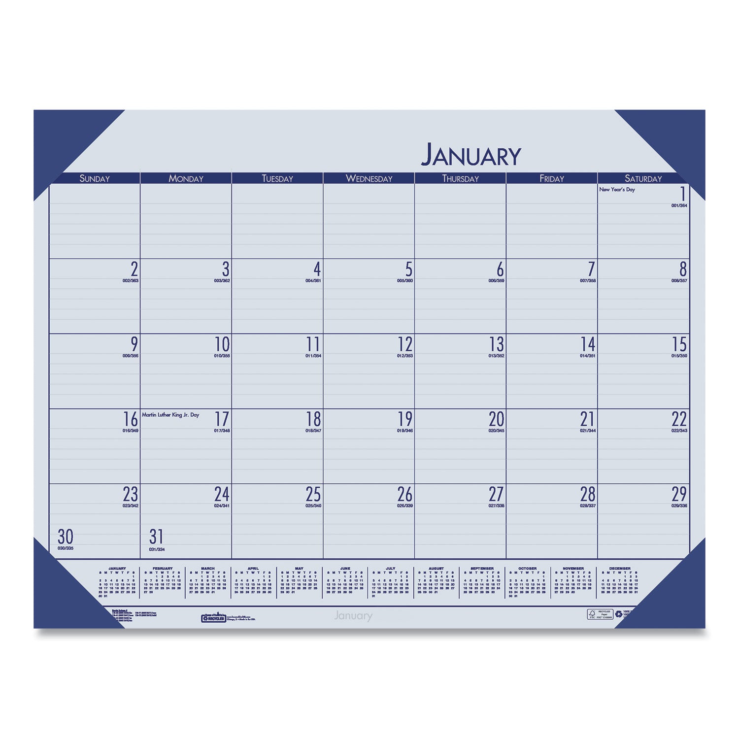 EcoTones Recycled Monthly Desk Pad Calendar, 18.5 x 13, Ocean Blue Sheets/Corners, Black Binding, 12-Month (Jan to Dec): 2024 - 