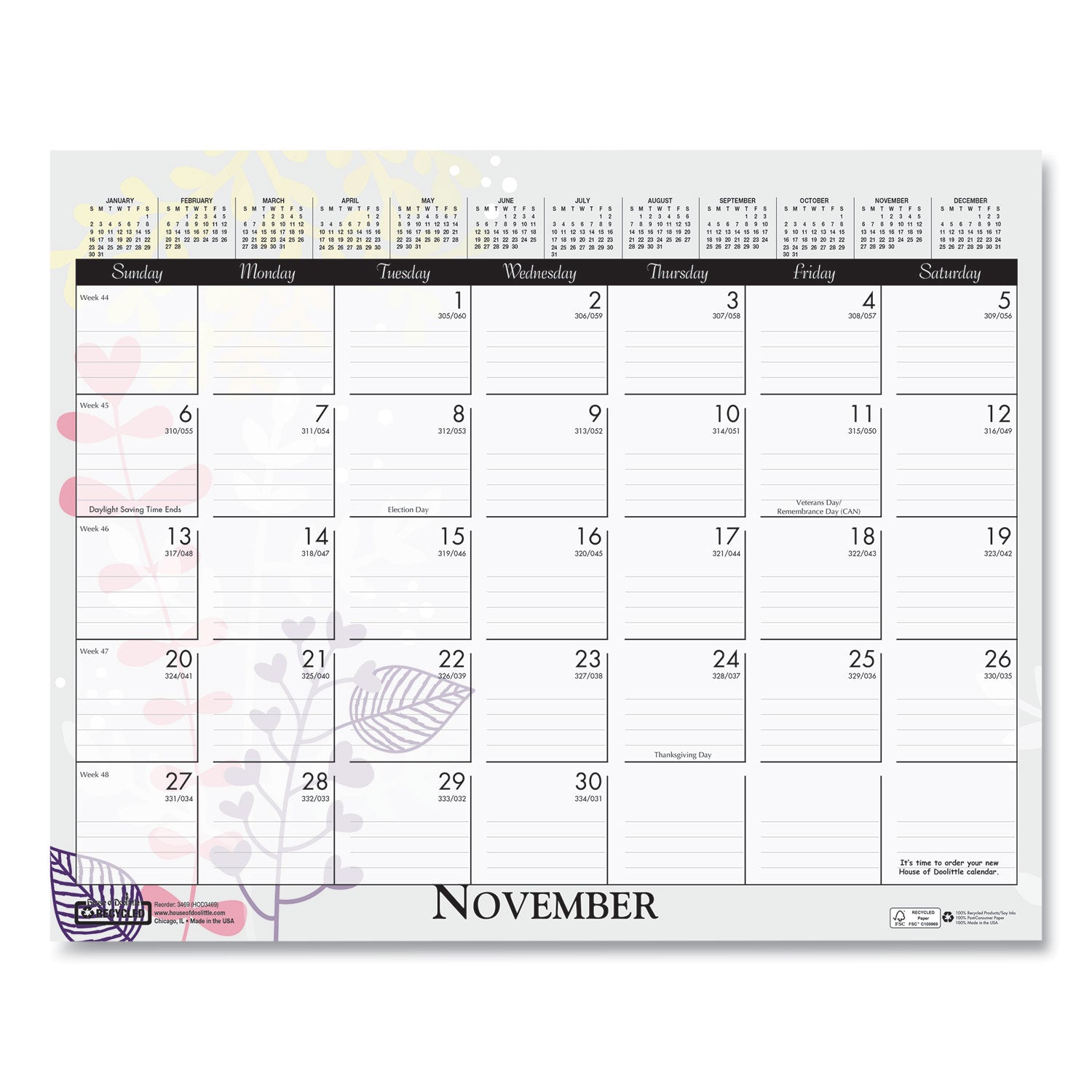 Recycled Wild Flower Wall Calendar, Wild Flowers Artwork, 15 x 12, White/Multicolor Sheets, 12-Month (Jan to Dec): 2024