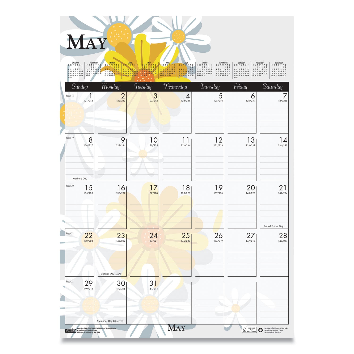 House of Doolittle Wild Flower Monthly Wall Calendar - Large Size - Julian Dates - Monthly - 12 Month - January - December - 1 Month Single Page Layout - Wire Bound - Chipboard - 16.5" Height x 12" Width - Dated Planning Page, Hanging Loop, Durable,