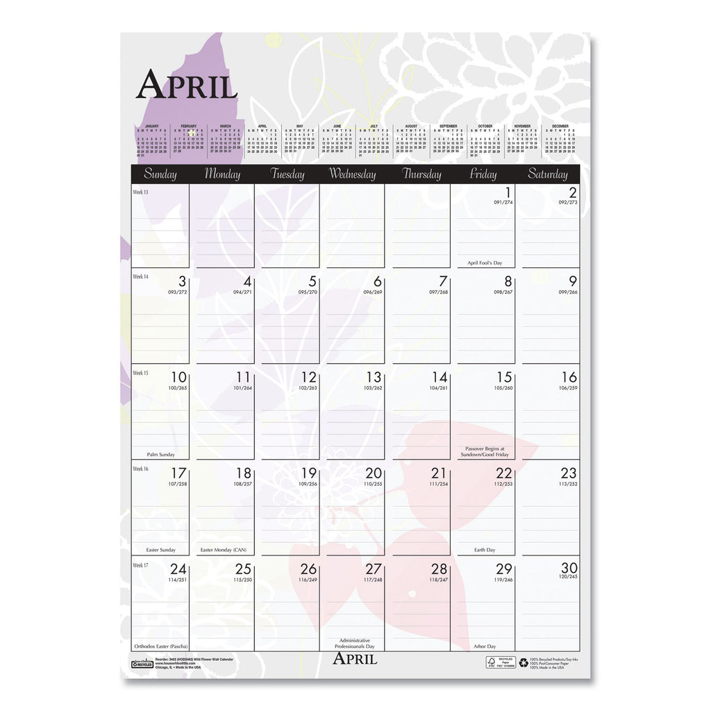 House of Doolittle Wild Flower Monthly Wall Calendar - Large Size - Julian Dates - Monthly - 12 Month - January - December - 1 Month Single Page Layout - Wire Bound - Chipboard - 16.5" Height x 12" Width - Dated Planning Page, Hanging Loop, Durable,