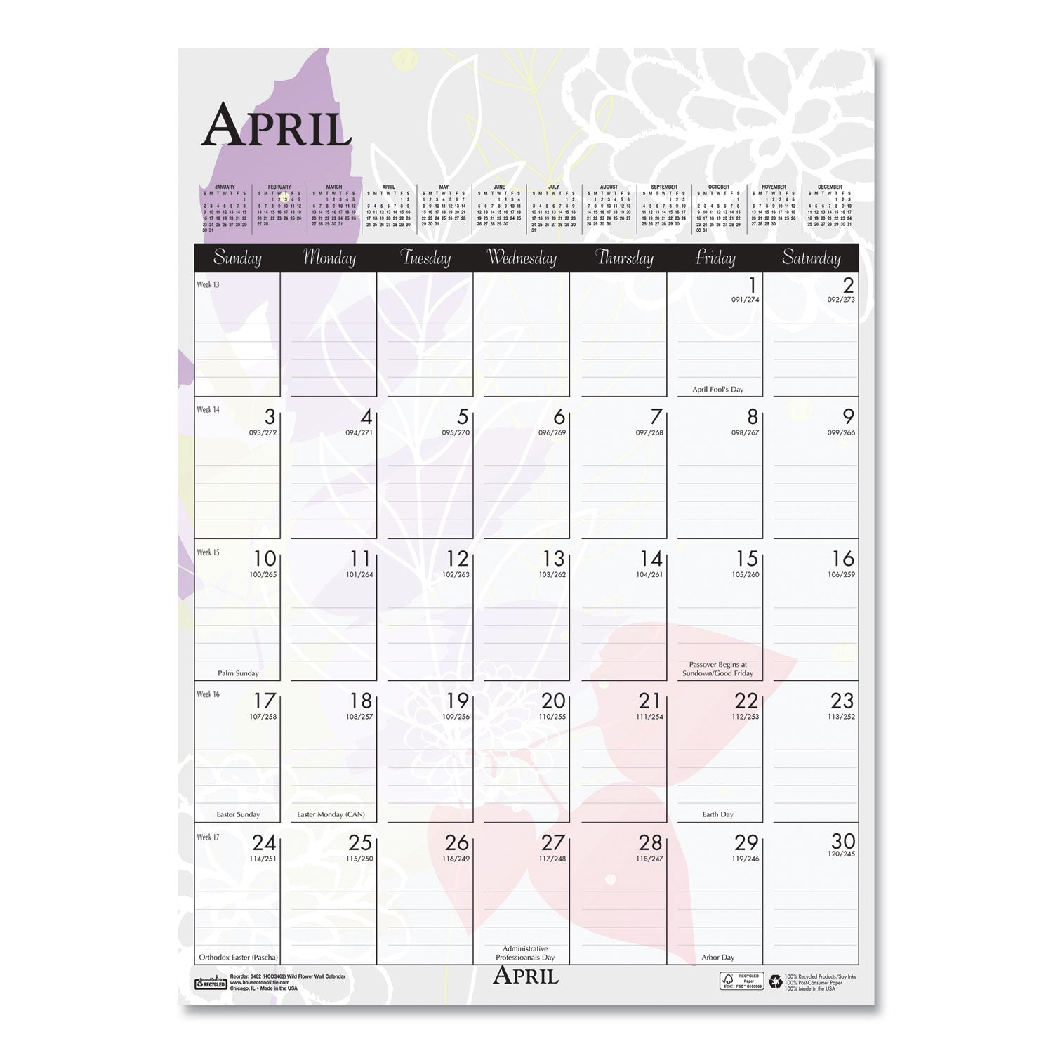 House of Doolittle Wild Flower Monthly Wall Calendar - Large Size - Julian Dates - Monthly - 12 Month - January - December - 1 Month Single Page Layout - Wire Bound - Chipboard - 16.5" Height x 12" Width - Dated Planning Page, Hanging Loop, Durable,