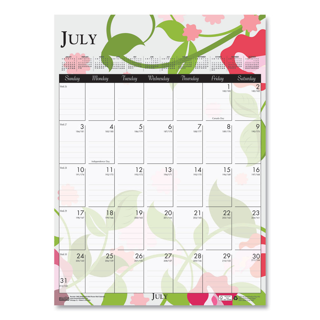 House of Doolittle Wild Flower Monthly Wall Calendar - Large Size - Julian Dates - Monthly - 12 Month - January - December - 1 Month Single Page Layout - Wire Bound - Chipboard - 16.5" Height x 12" Width - Dated Planning Page, Hanging Loop, Durable,