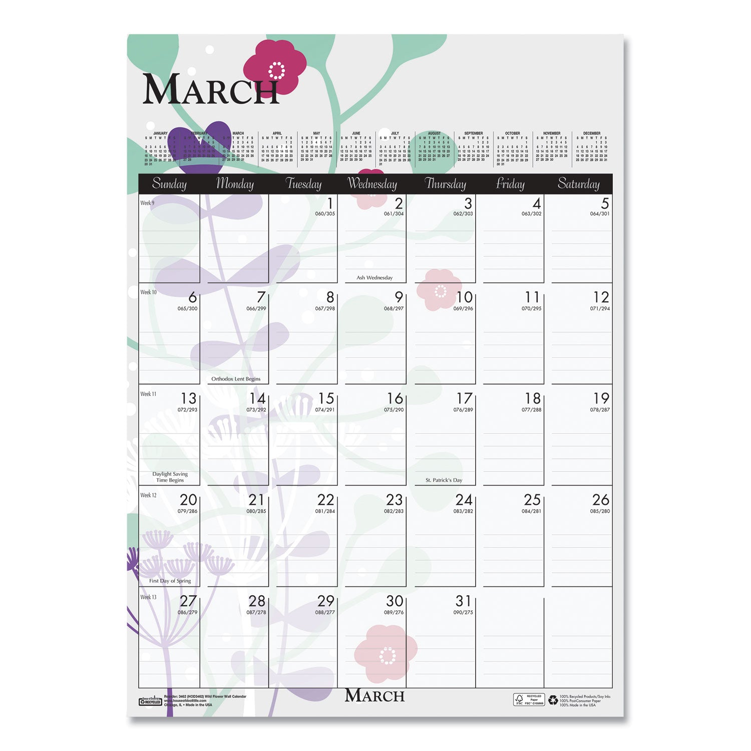 House of Doolittle Wild Flower Monthly Wall Calendar - Large Size - Julian Dates - Monthly - 12 Month - January - December - 1 Month Single Page Layout - Wire Bound - Chipboard - 16.5" Height x 12" Width - Dated Planning Page, Hanging Loop, Durable,