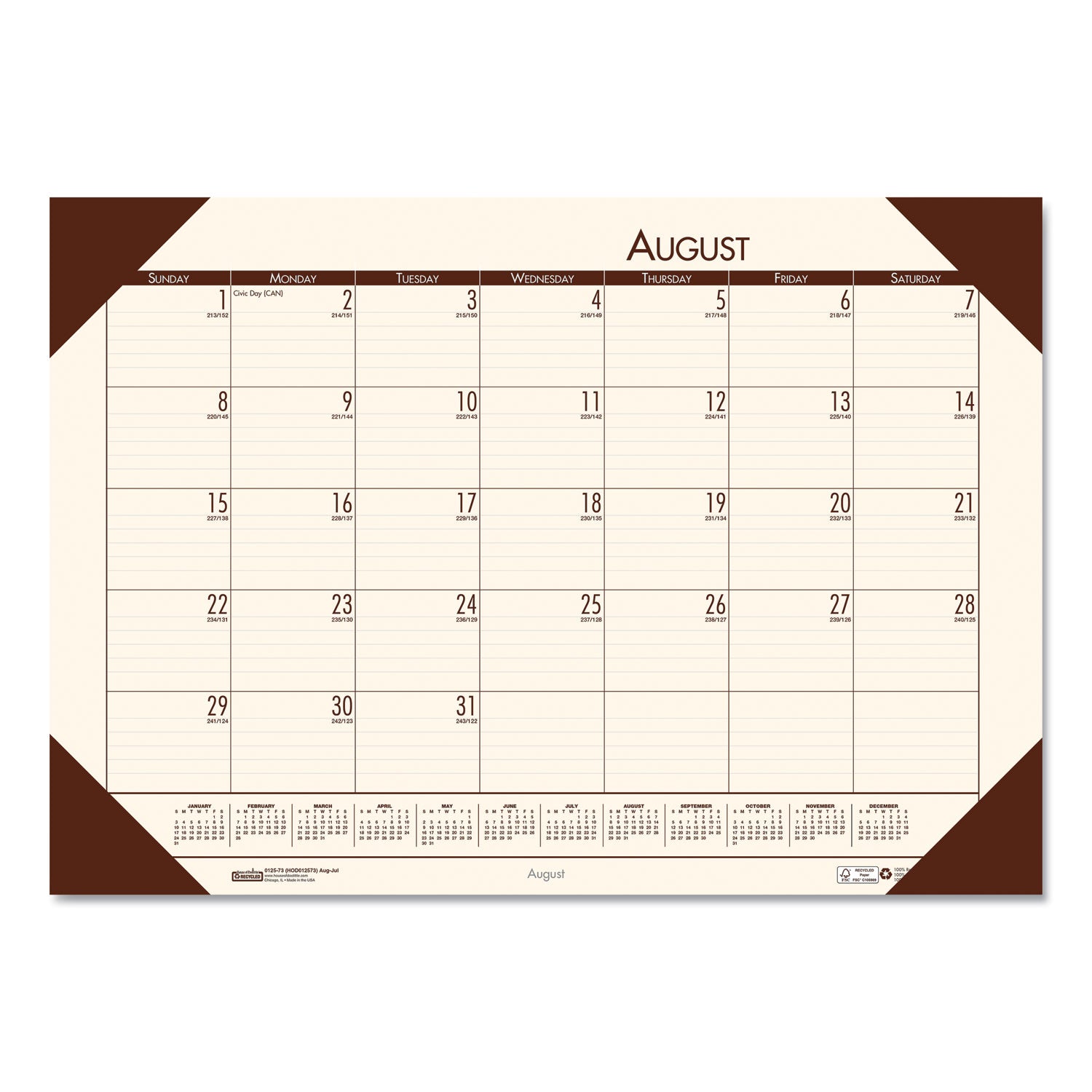 EcoTones Recycled Academic Desk Pad Calendar, 18.5 x 13, Cream Sheets, Brown Corners, 12-Month (Aug to July): 2023 to 2024 - 