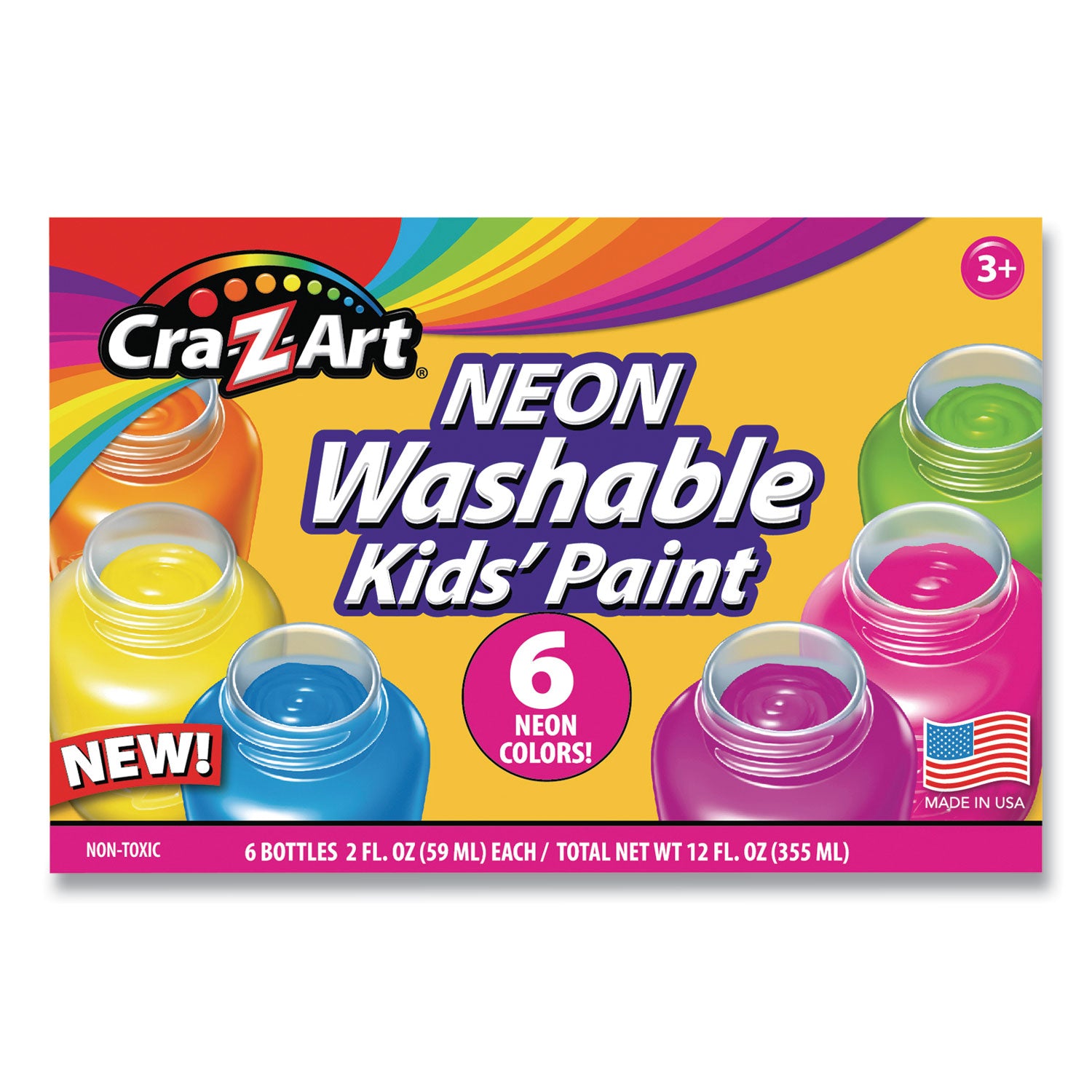 Neon Washable Kids' Paint, 6 Assorted Neon Colors, 2 oz Bottle, 6/Pack - 1