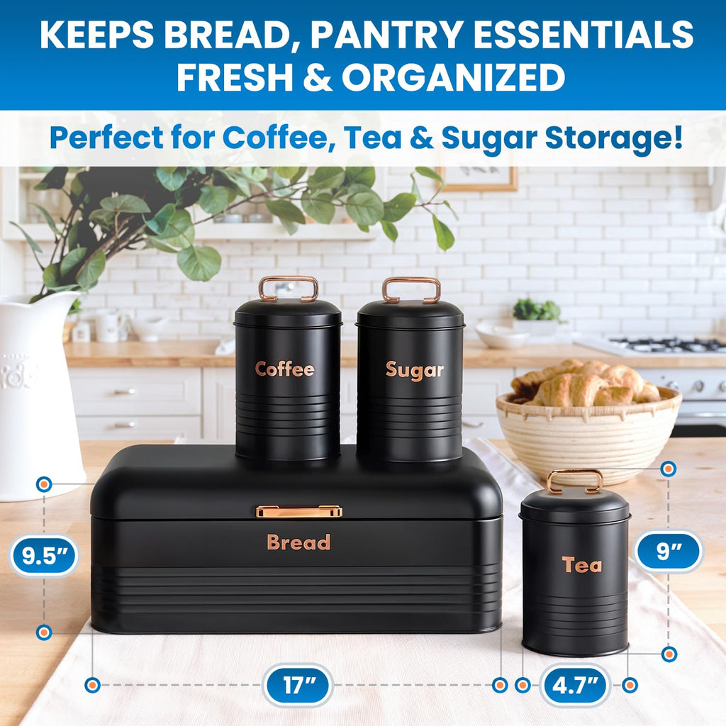 plexon metal bread box with tea coffee sugar container set black bread box for kitchen countertop with canister set of 4