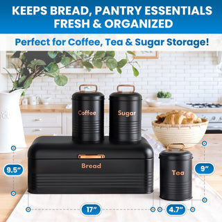 plexon metal bread box with tea coffee sugar container set black bread box for kitchen countertop with canister set of 4