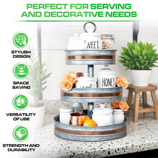 3 Tier Galvanized Metal Round Serving Tray with Golden Welt