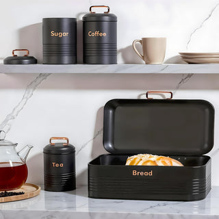 plexon metal bread box with tea coffee sugar container set black bread box for kitchen countertop with canister set of 4