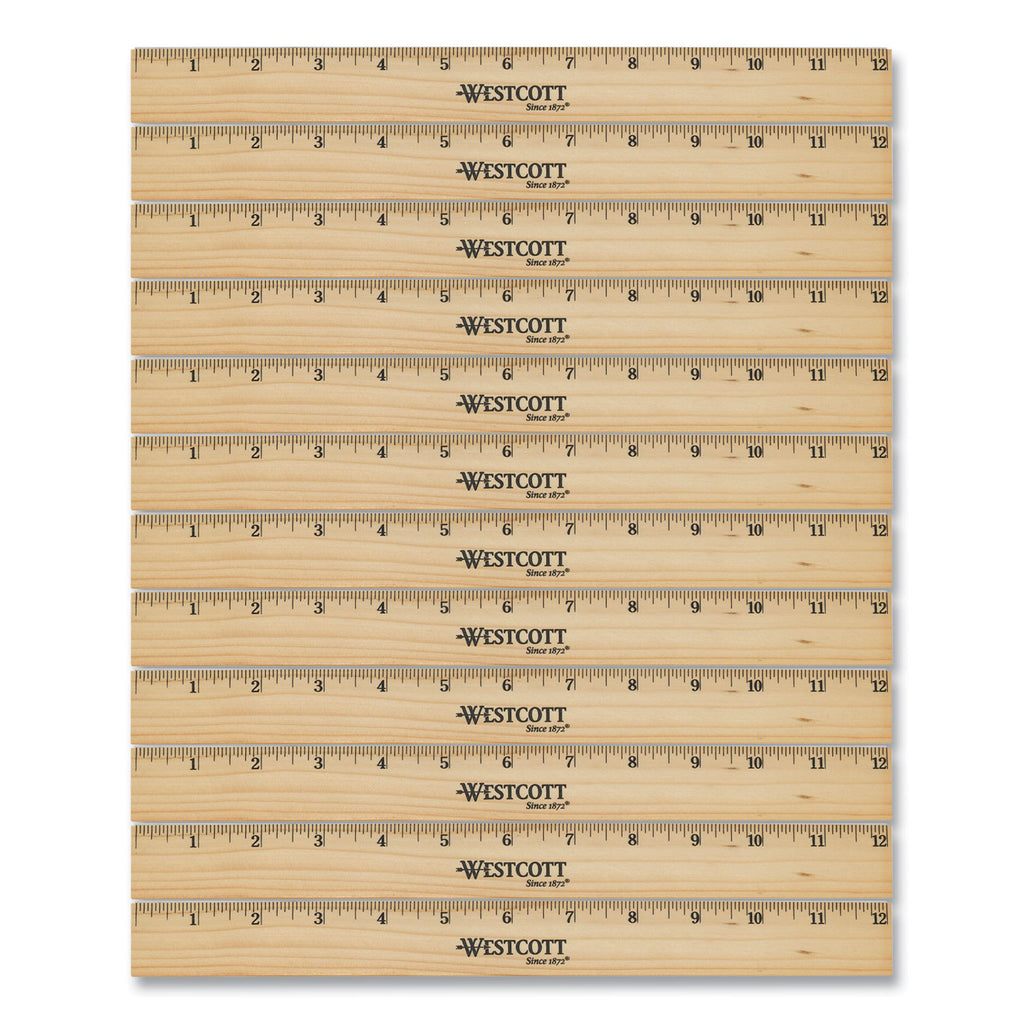 Beveled Wood Ruler, Standard, 12" Long, Natural Hardwood, 12/Pack