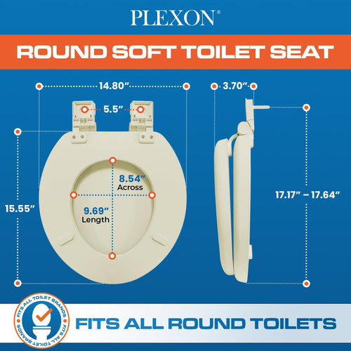 Plexon Soft Cushioned Toilet Seat, Round, Bone, Slow-Close Lid & Seat, Quick-Release Hinge, Easy To Clean & Change