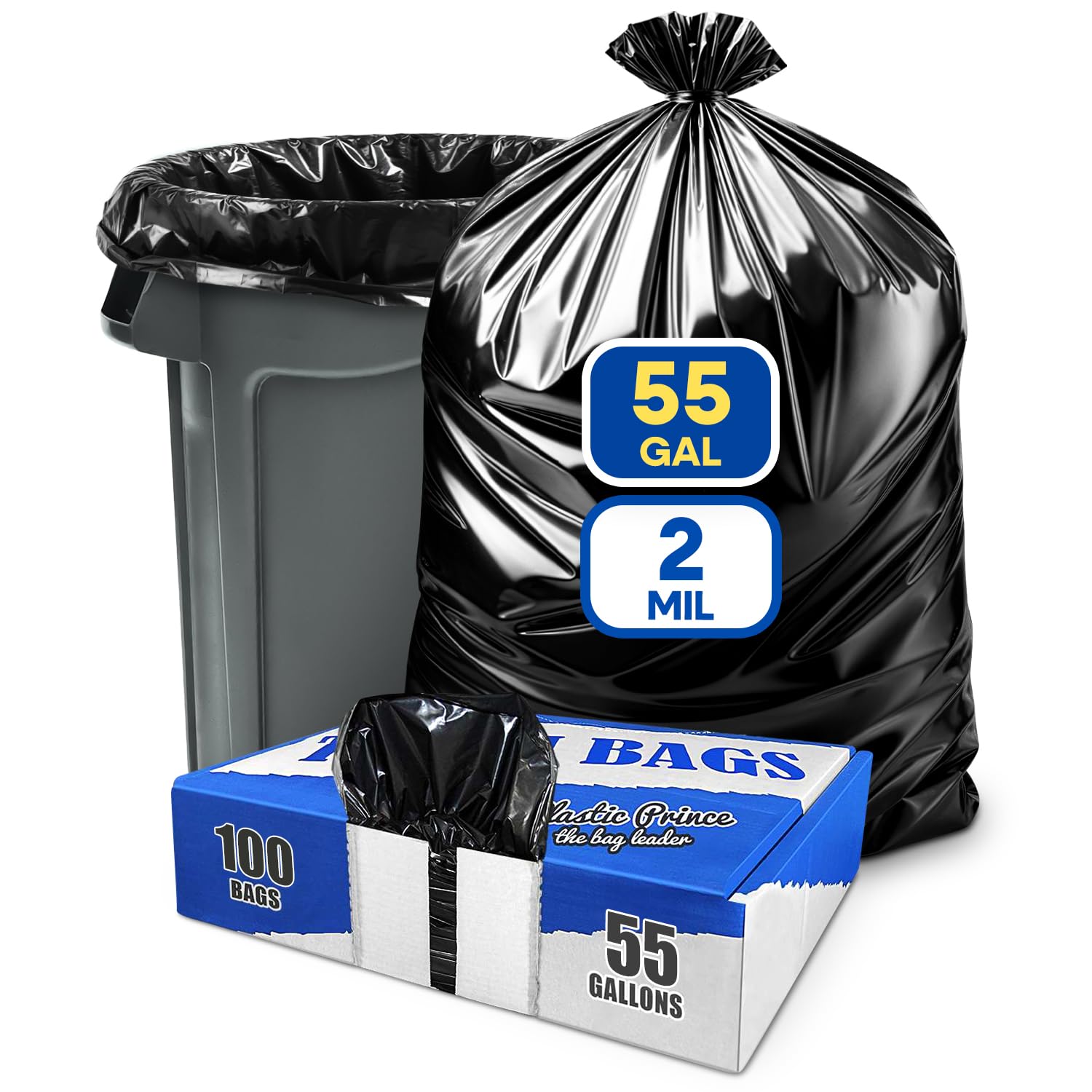 38" x 58" 60 Gal 2 Mil Black Trash Bags, 100/Case