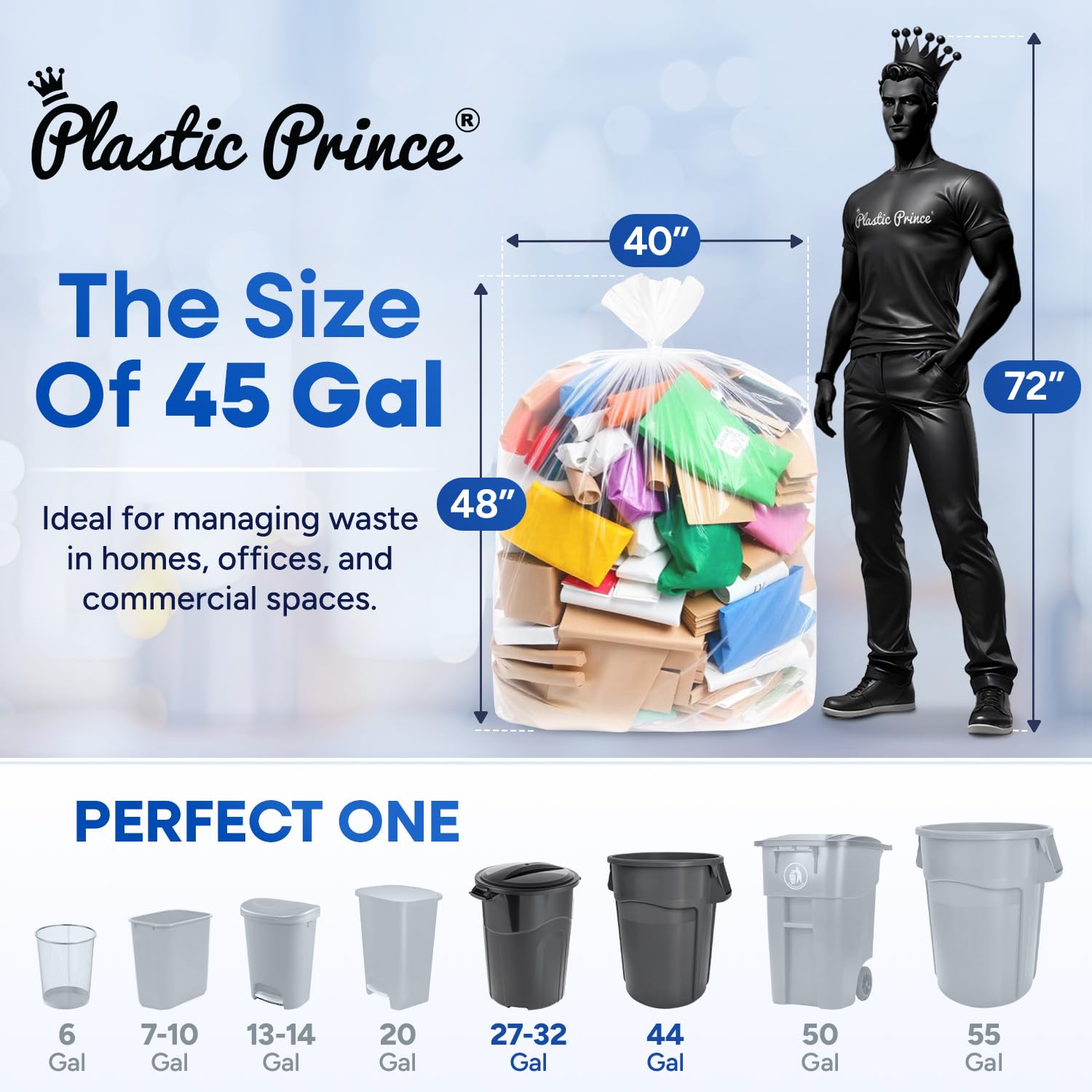 40in x 48in, 45 Gallon, 16 Mic, Clear High-Density Can Liners, 250/Case