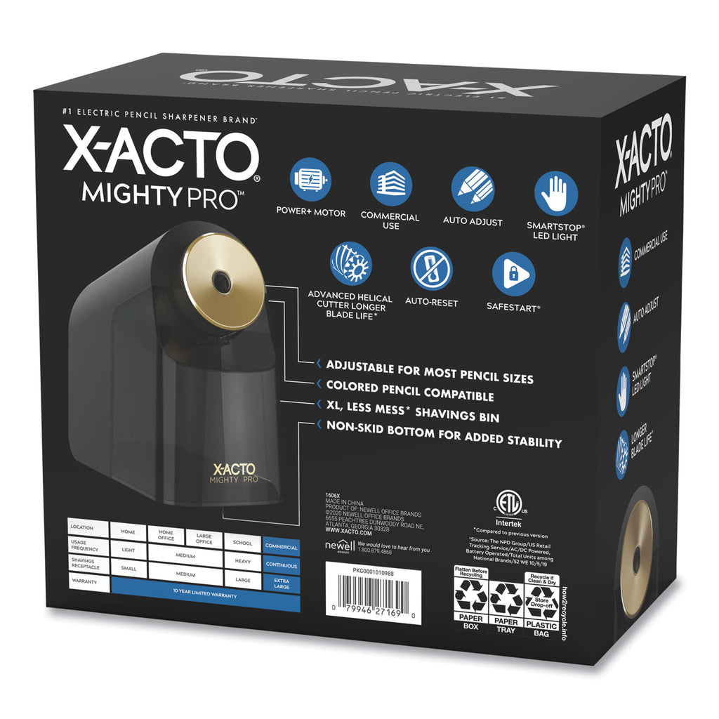 Model 1606 Mighty Pro Electric Pencil Sharpener, AC-Powered, 4 x 8 x 7.5, Black/Gold/Smoke