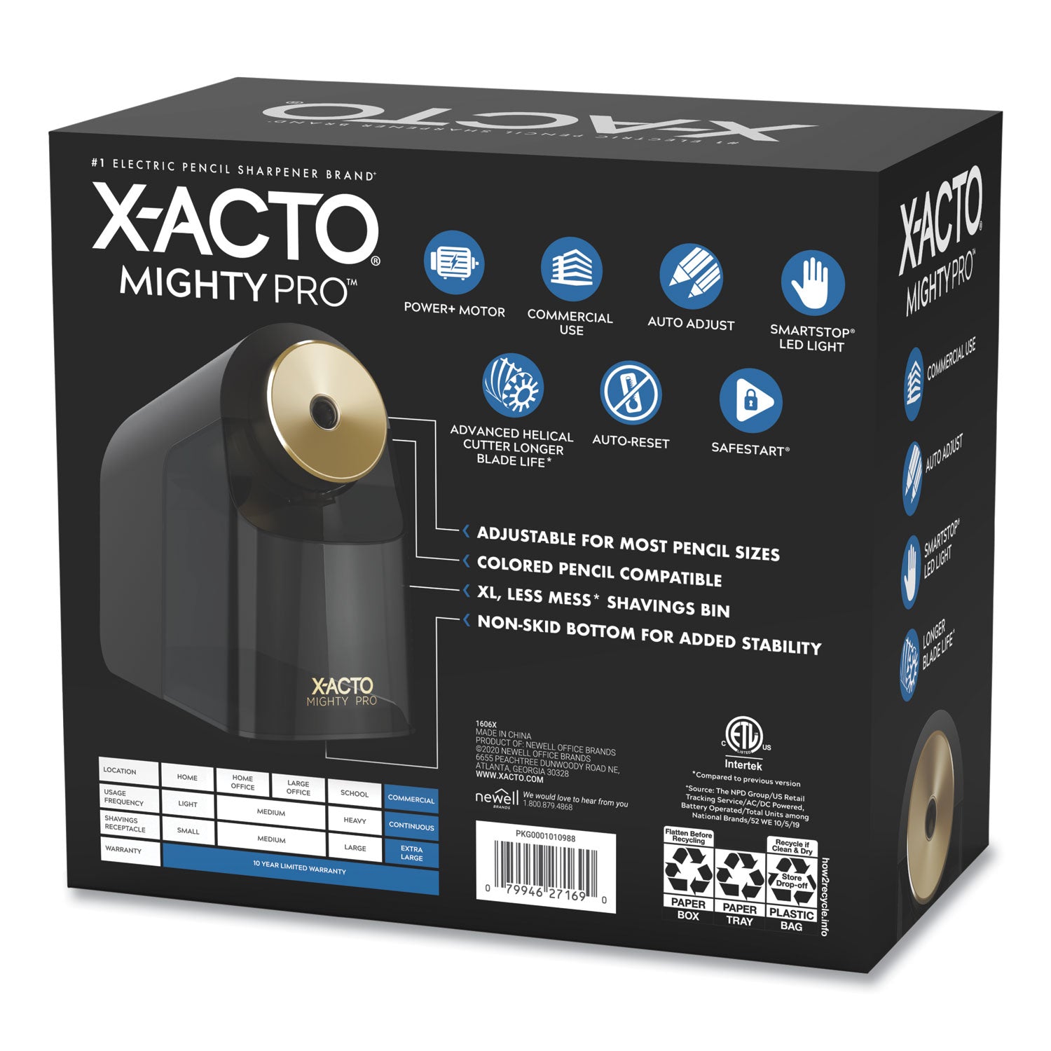 Model 1606 Mighty Pro Electric Pencil Sharpener, AC-Powered, 4 x 8 x 7.5, Black/Gold/Smoke