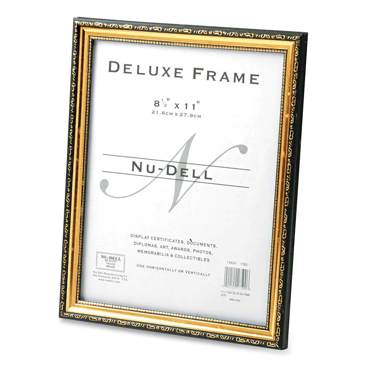 deluxe-document-and-photo-frame-molded-styrene-plastic-85-x-11-insert-gold-black_nud17500 - 1