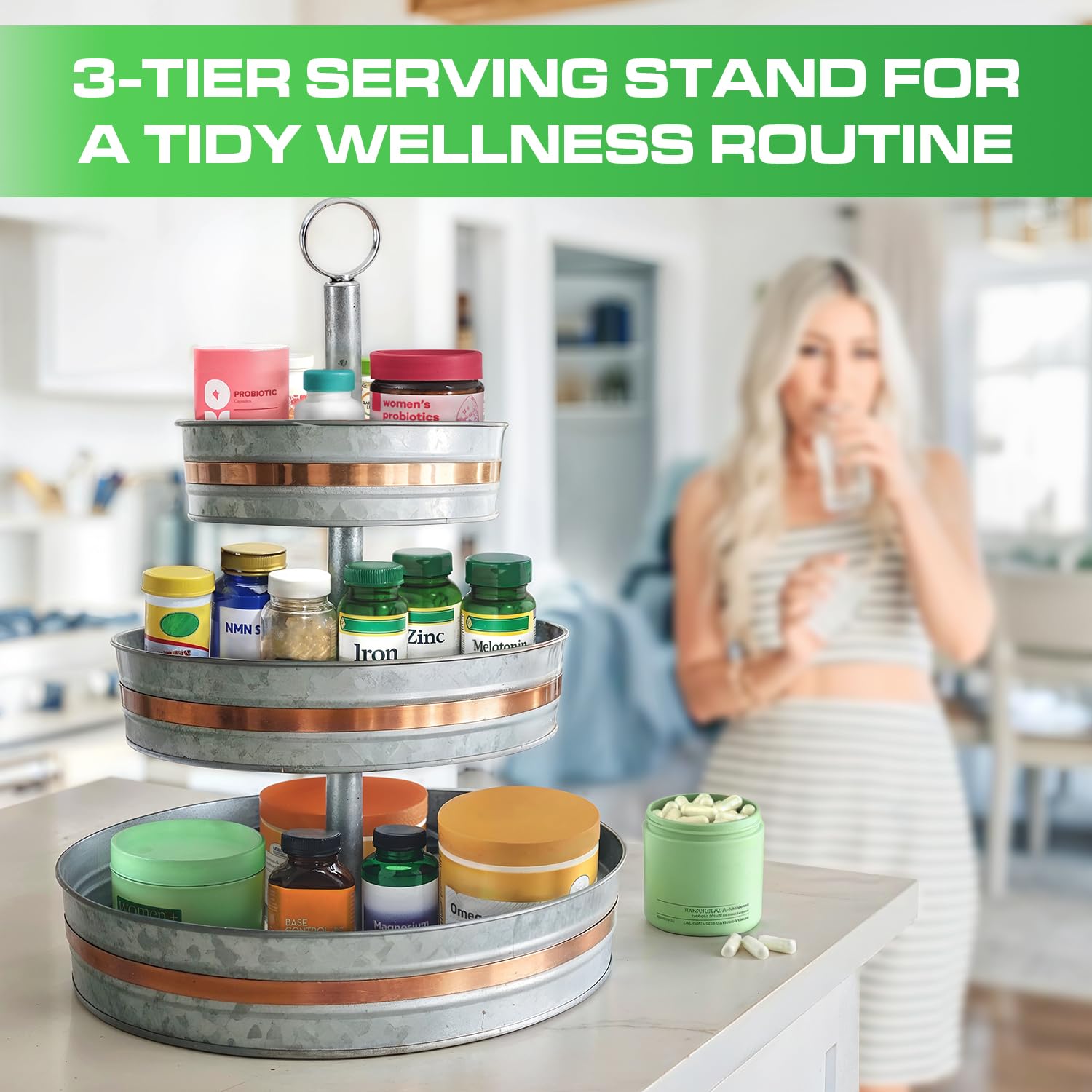 3 Tier Galvanized Metal Round Serving Tray with Golden Welt
