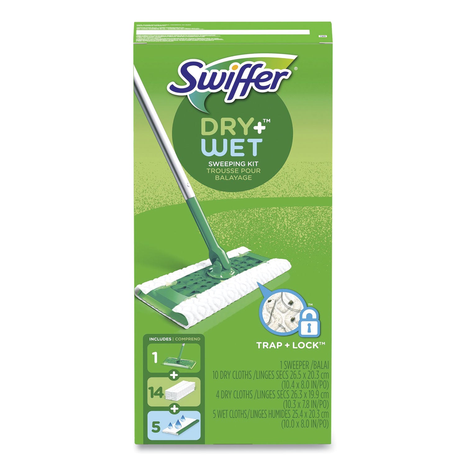 Sweeper Mop, 10 x 4.8 White Cloth Head, 46" Silver/Green Aluminum/Plastic Handle