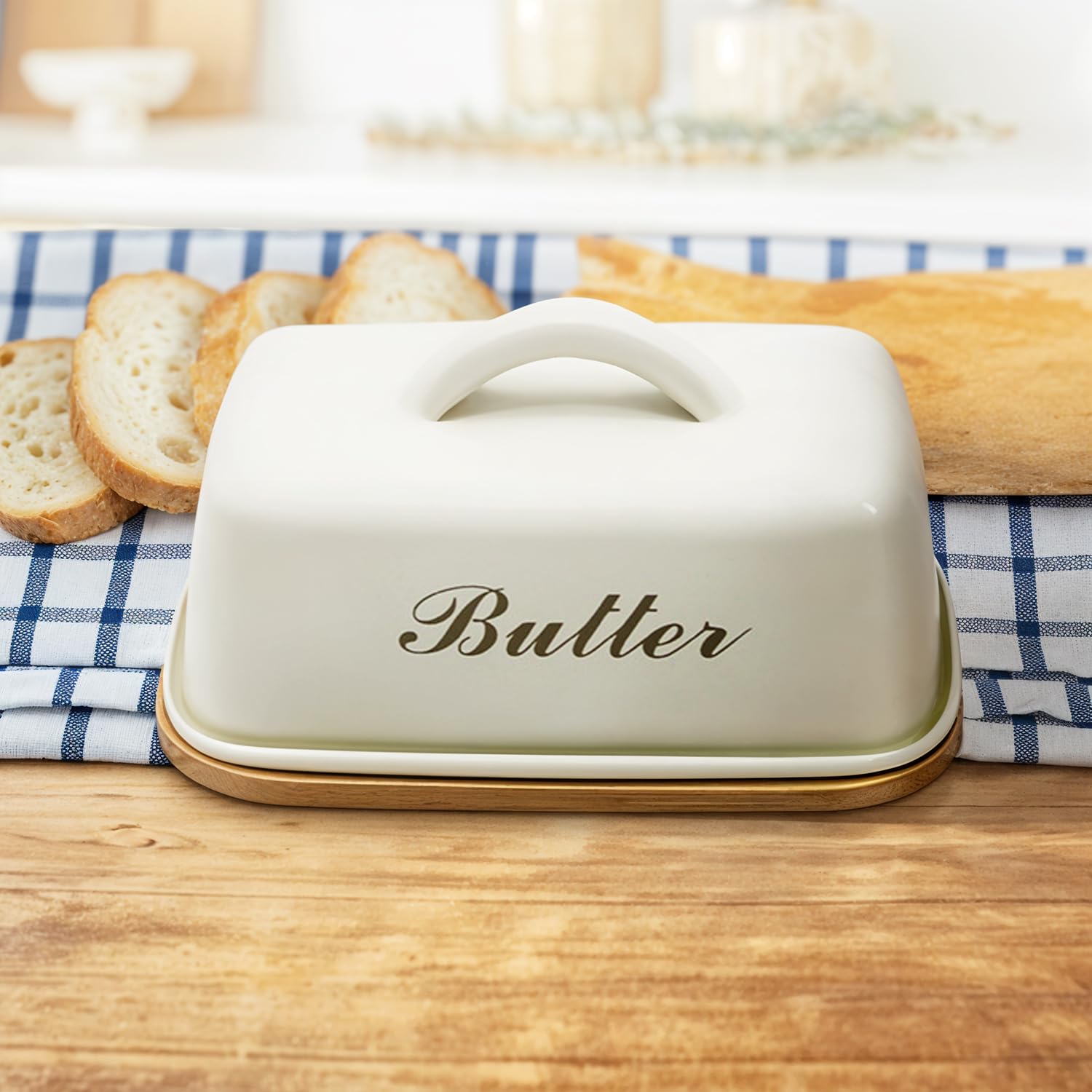 Wooden Butter Dish with Off-White Metal Lid and Handle