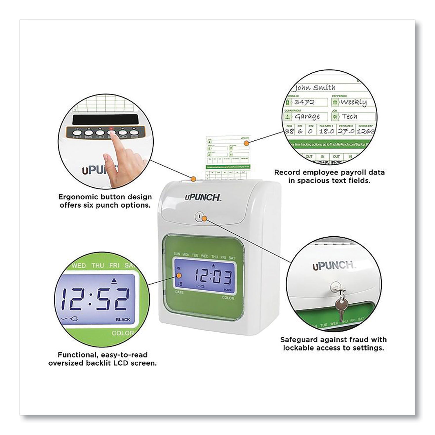 UB1000 Electronic Non-Calculating Time Clock Bundle, LCD Display, Beige/Green