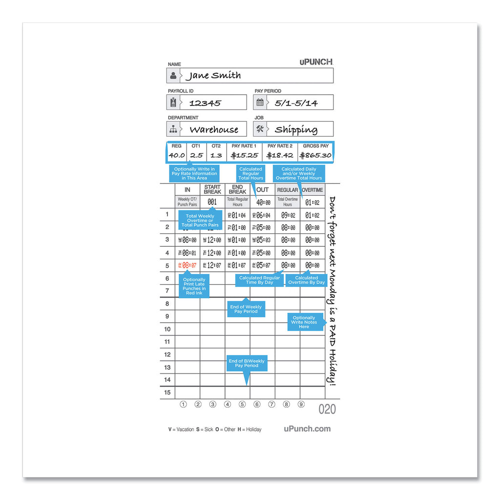 Time Clock Cards for uPunch HN4000, Two Sides, 7.37 x 3.37, 50/Pack