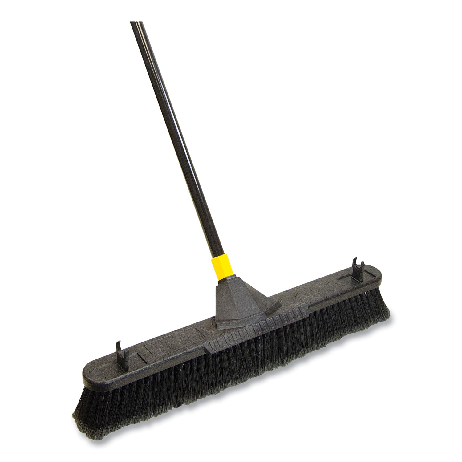bulldozer-smooth-surface-pushbroom-with-scraper-block-24-x-60-powder-coated-handle-tampico-bristles-black-yellow_qck633 - 1