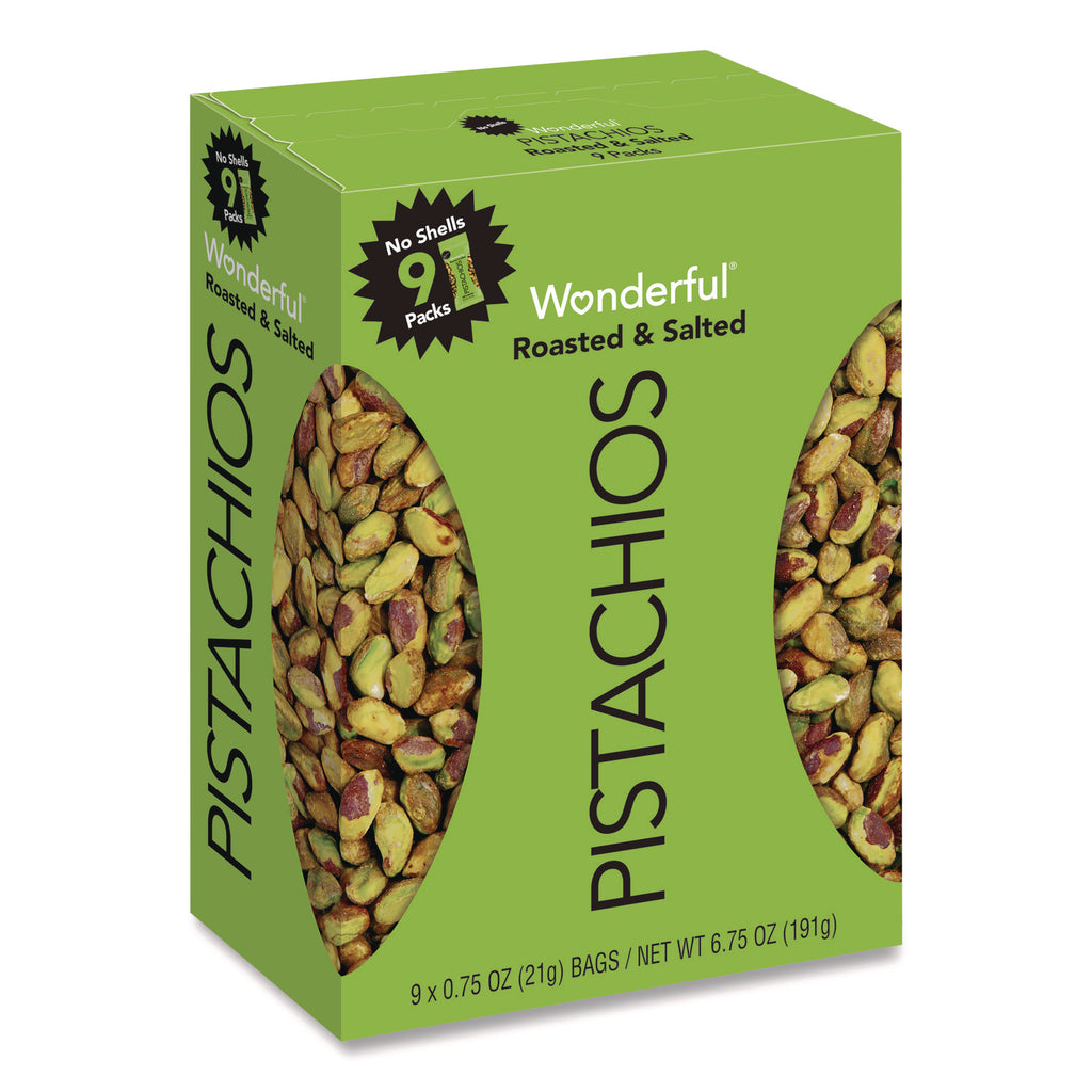 Wonderful No Shells Pistachios, Roasted and Salted, 0.75 oz Bag, 9 Bags/Box, 4 Boxes/Carton