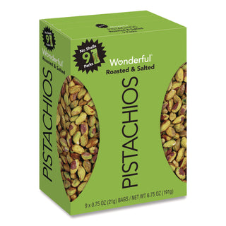 Wonderful No Shells Pistachios, Roasted and Salted, 0.75 oz Bag, 9 Bags/Box, 4 Boxes/Carton