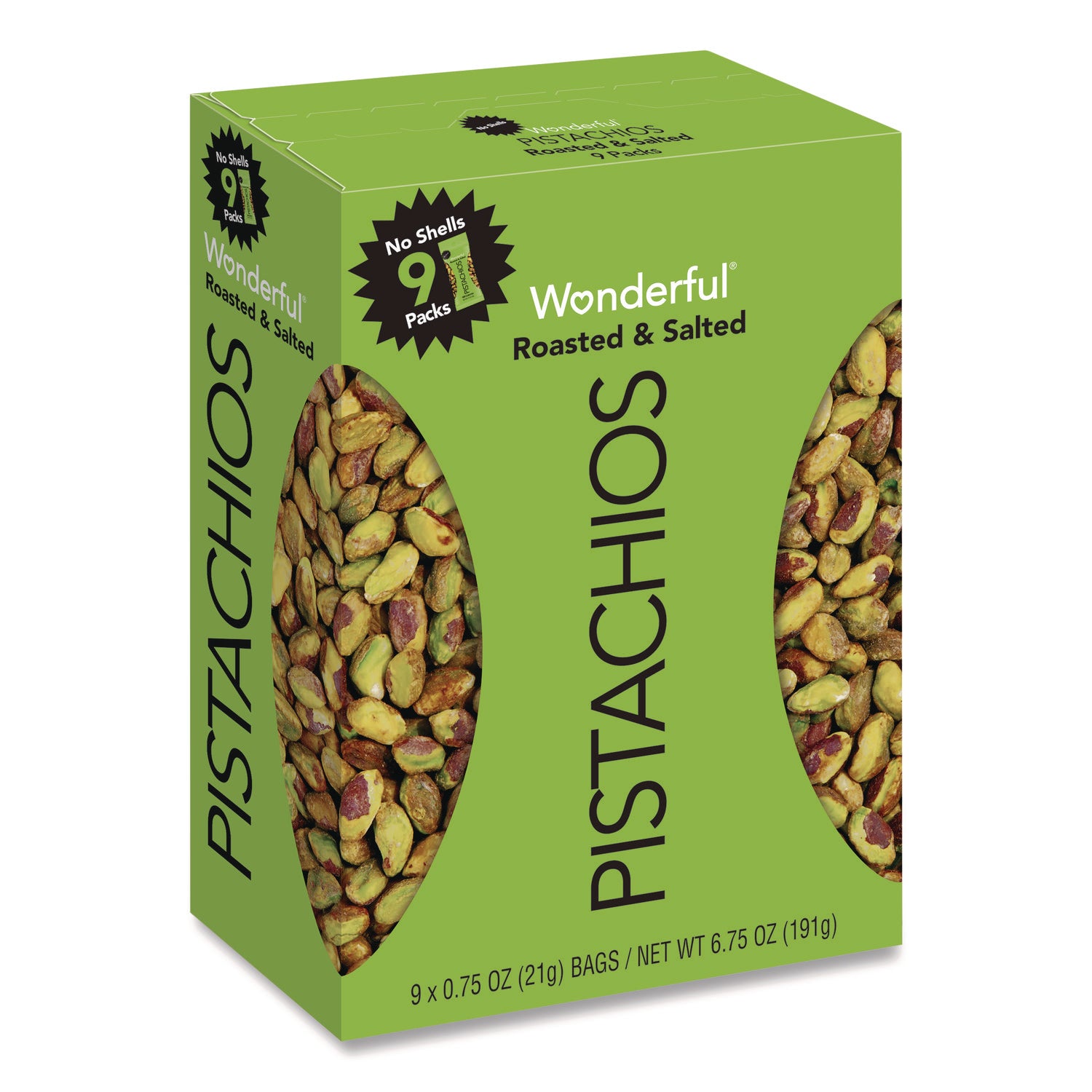 Wonderful No Shells Pistachios, Roasted and Salted, 0.75 oz Bag, 9 Bags/Box, 4 Boxes/Carton