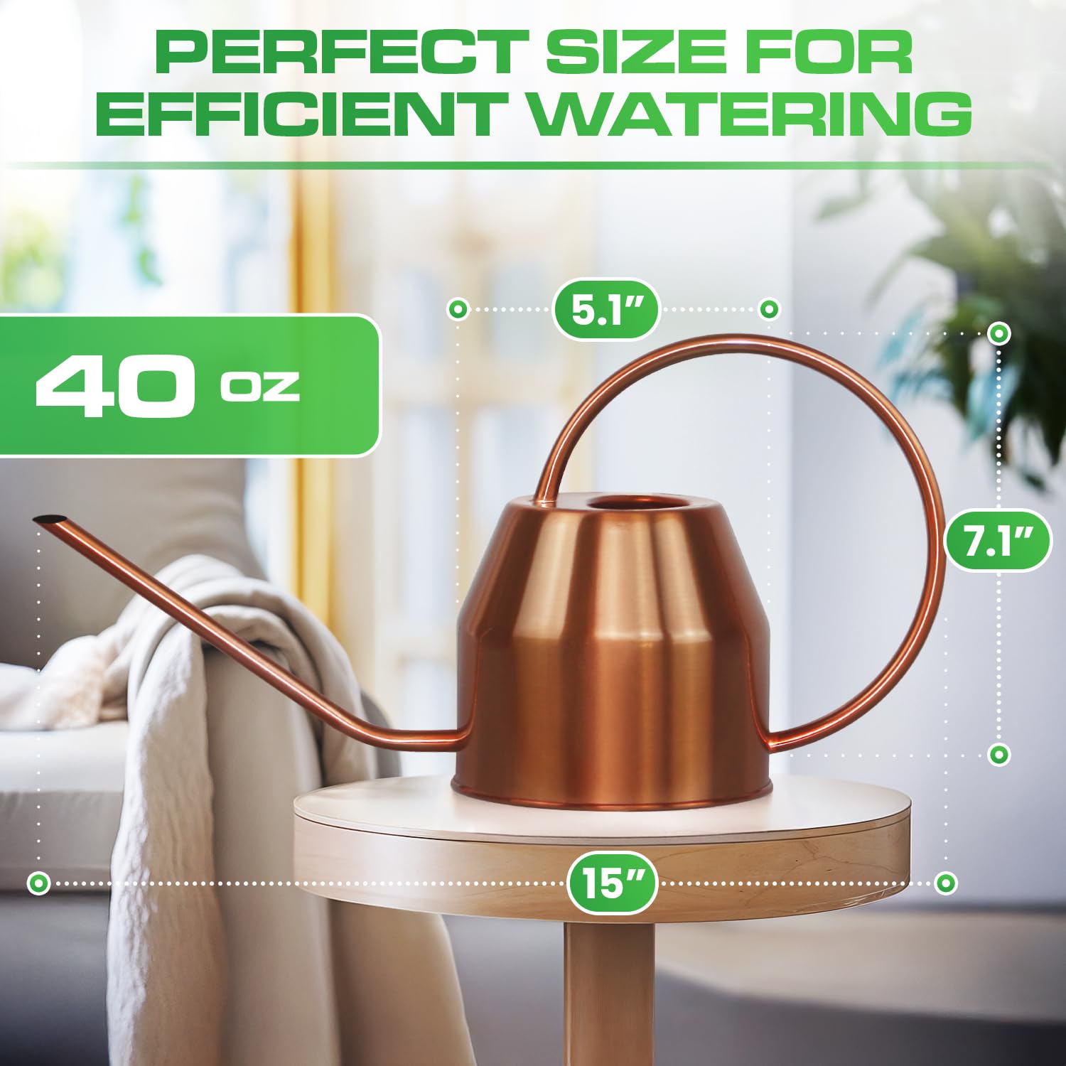 40 oz Rose Gold Stainless Steel Watering Can with Long Spout