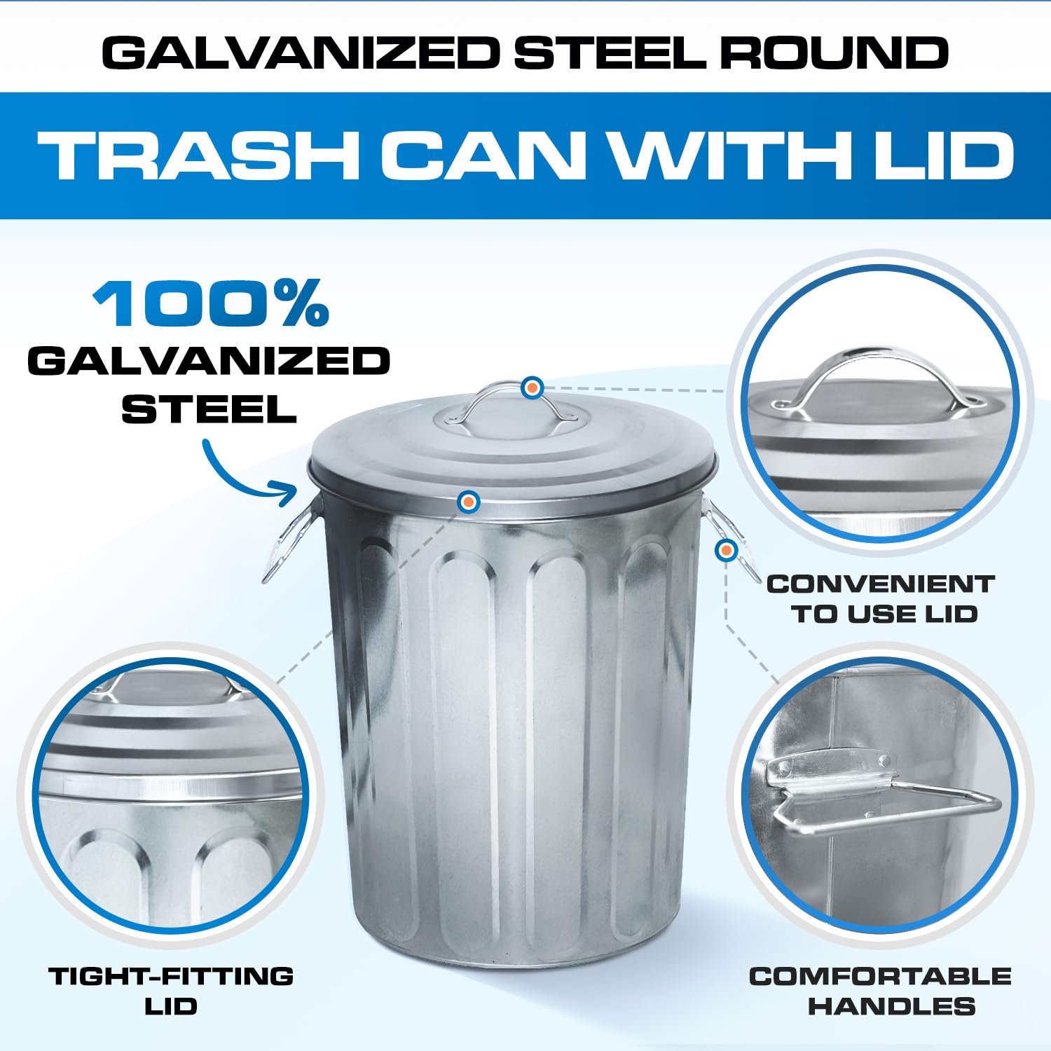 5-Gallon Galvanized Steel Round Trash Can with Lid