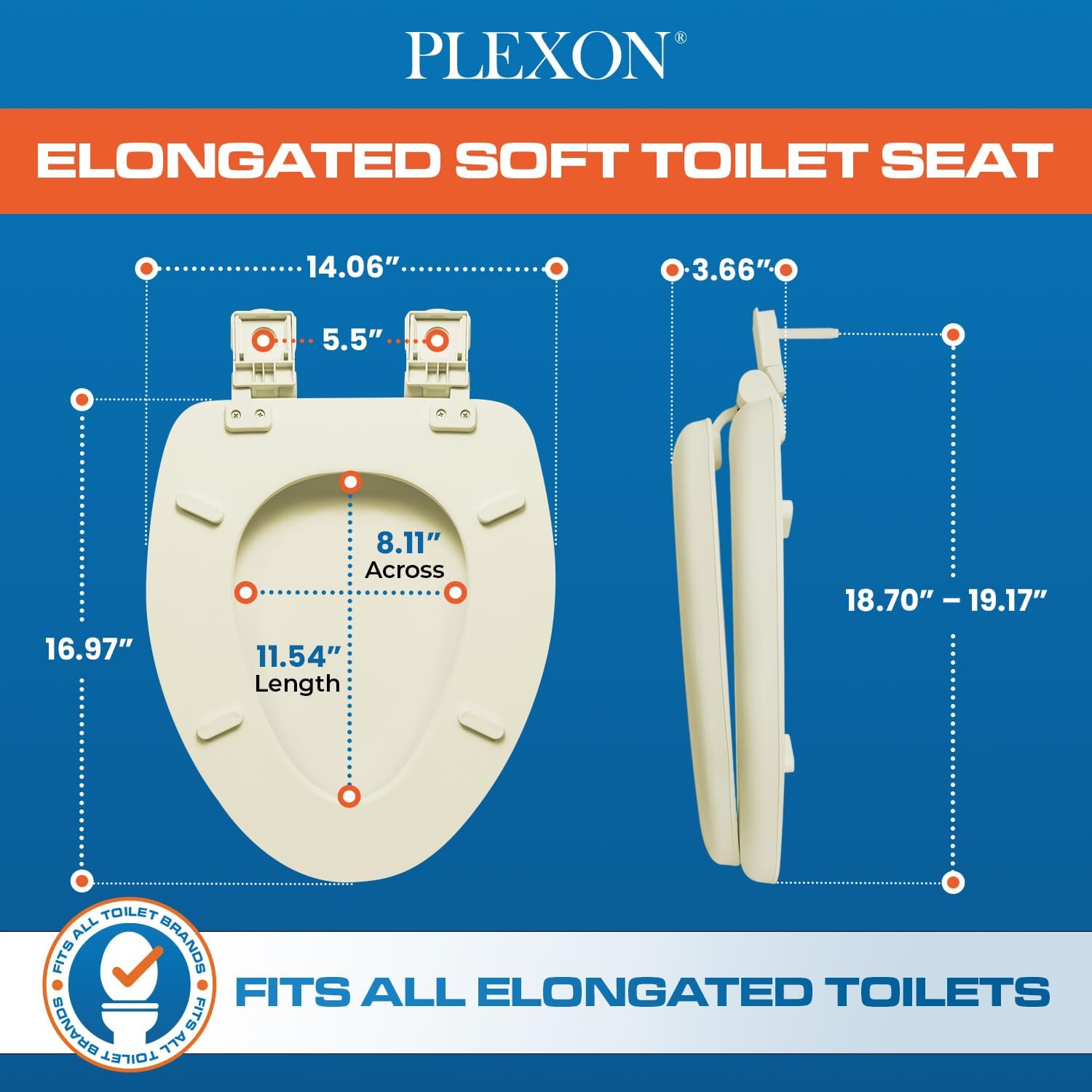 Plexon Soft Cushioned Toilet Seat, Elongated Bone, Slow-Close Lid & Seat, Quick-Release Hinge, Easy To Clean & Change
