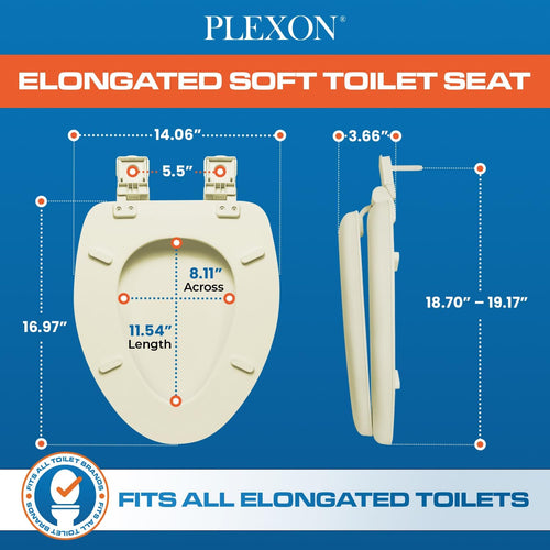 Plexon Soft Cushioned Toilet Seat, Elongated Bone, Slow-Close Lid & Seat, Quick-Release Hinge, Easy To Clean & Change