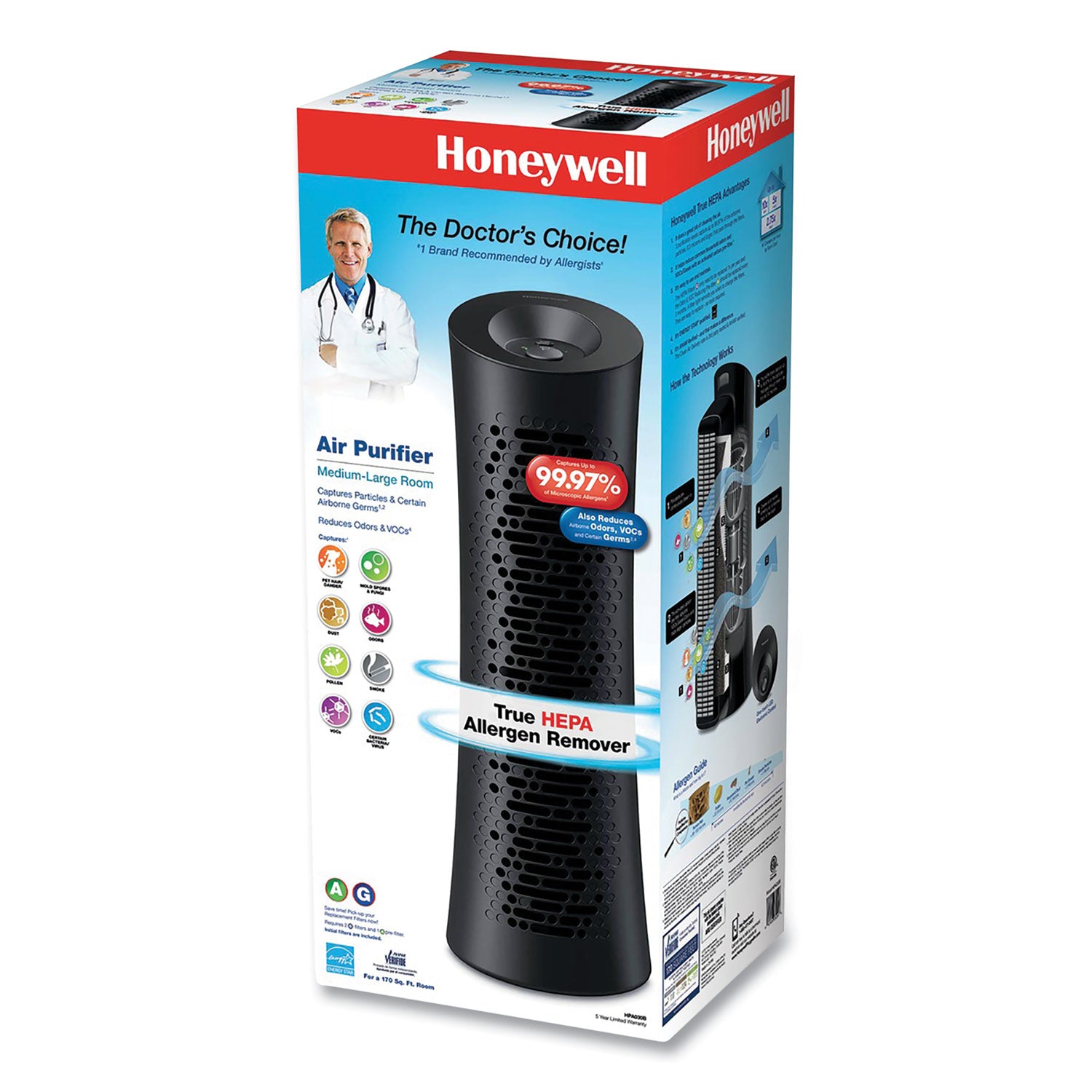 Allergen Plus HEPA Tower Air Purifier, 170 sq ft Room Capacity, Black