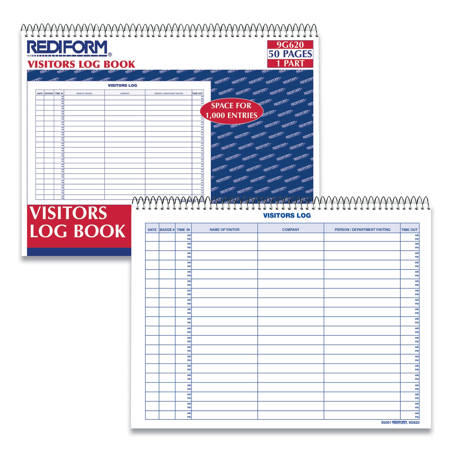 Visitors Log Book, Blue/White/Red Cover, 11 x 8.5 Sheets, 50 Sheets/Book - 
