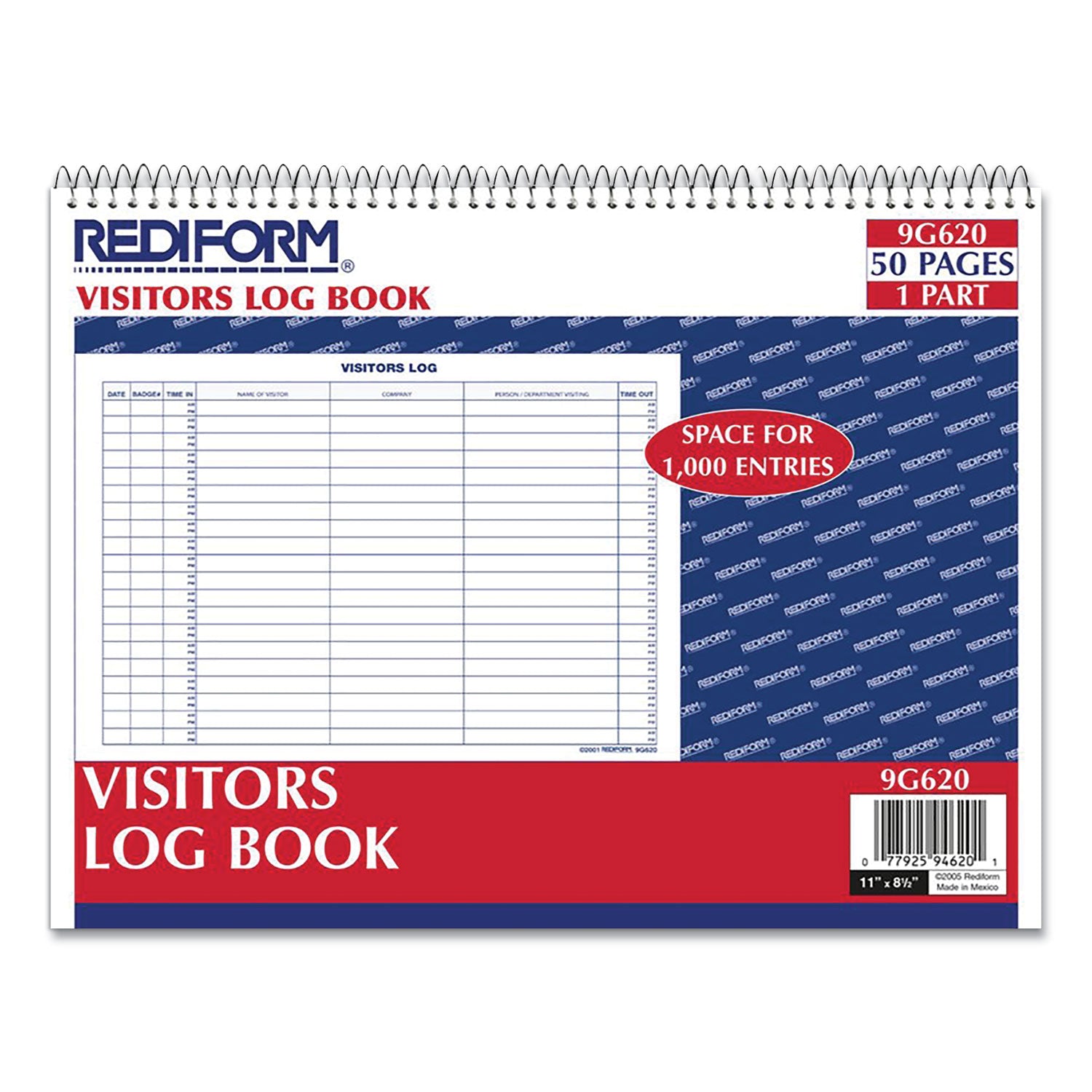 Visitors Log Book, Blue/White/Red Cover, 11 x 8.5 Sheets, 50 Sheets/Book - 