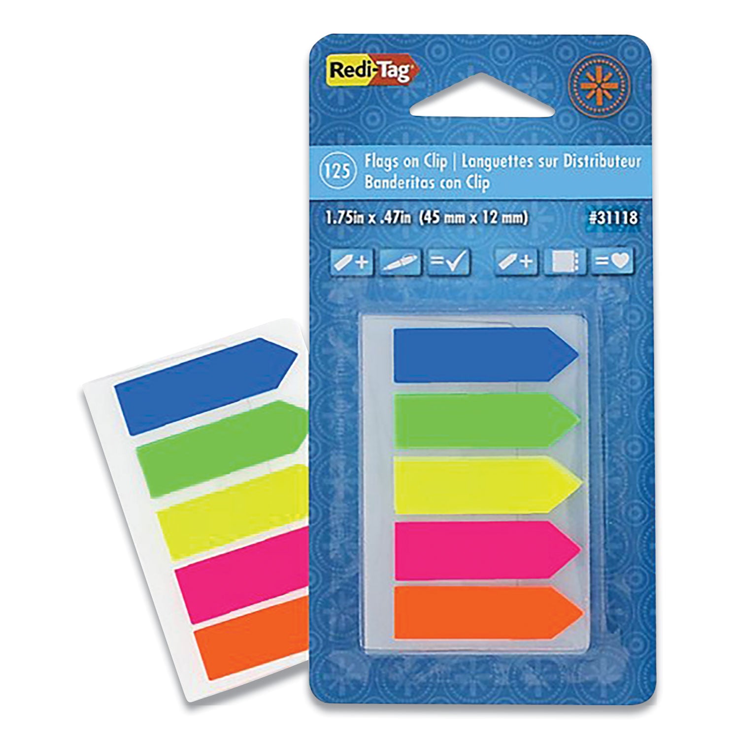 Redi-Tag Plain Write-on Arrow Flags in Holder - 25 x Neon Blue, 25 x Lime, 25 x Lemon, 25 x Pink, 25 x Tangerine - 0.46" x 1.75" - Arrow - Assorted - Removable, See-through, Self-adhesive - 125 / Pack