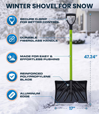 48'' Snow Pusher with Fiberglass Handle & Plastic D-Grip, 17'' Wide Blade with Aluminum Edge