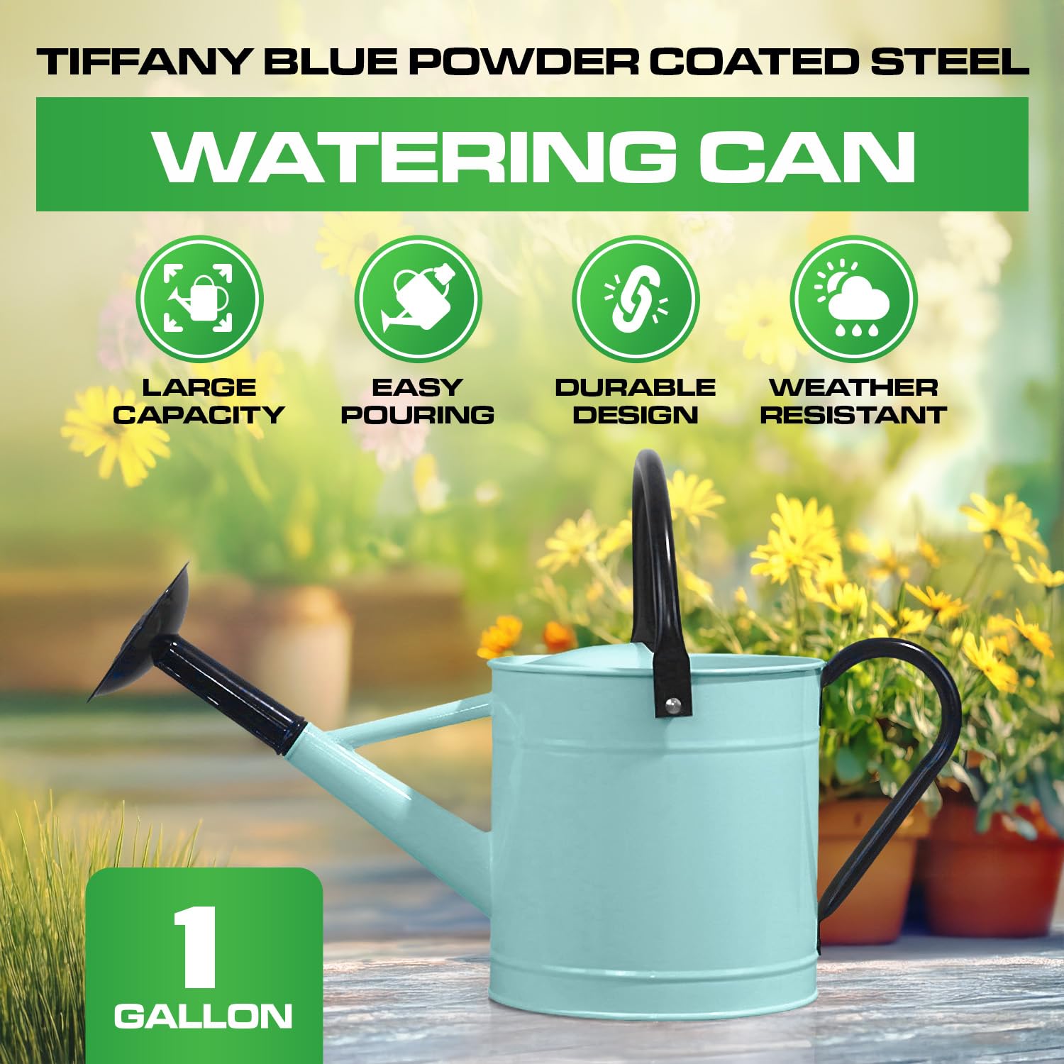 1 Gallon Aqua Mist Blue Metal Watering Can with Black Handle and Spout