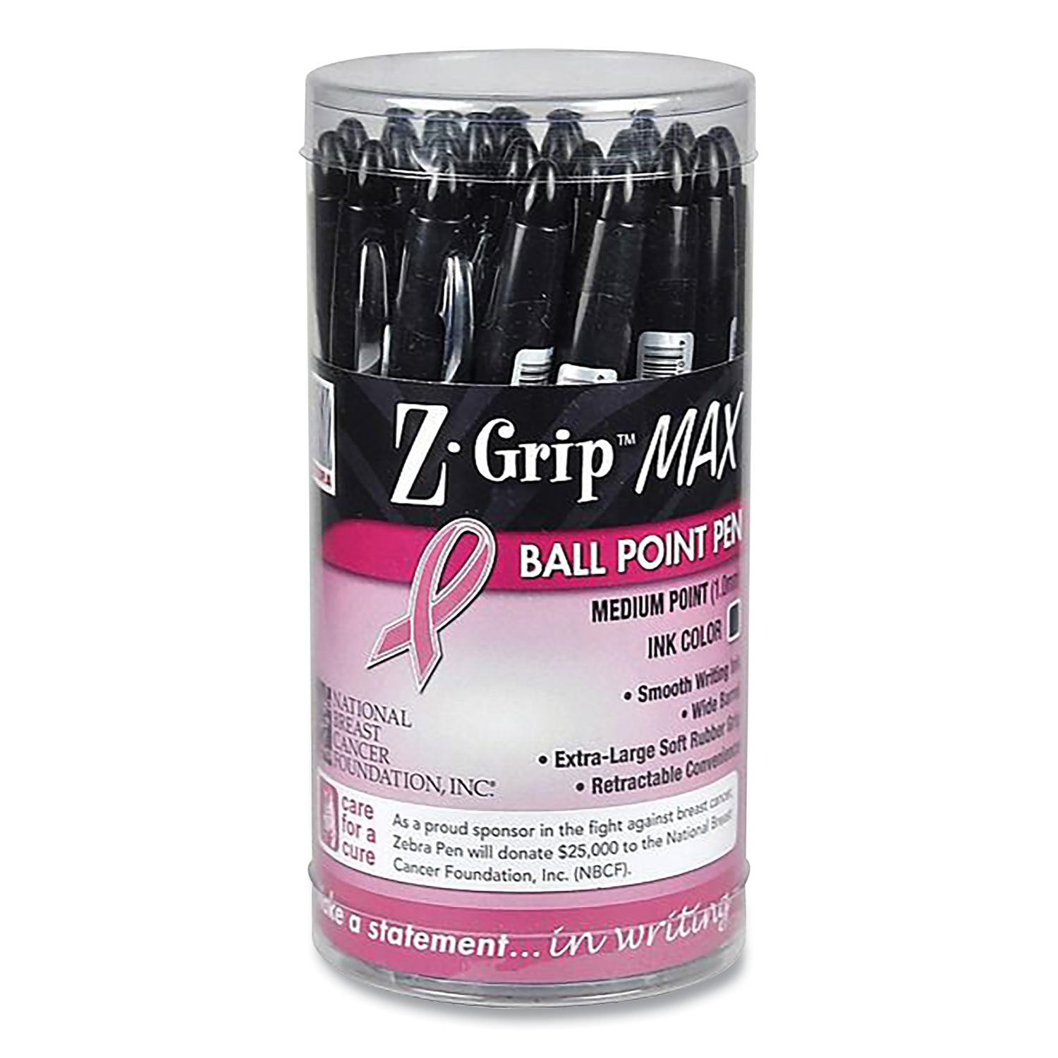 z-grip-max-breast-cancer-awareness-ballpoint-pen-retractable-bold-12-mm-black-ink-silver-black-barrel-24-pack_zeb32577 - 1