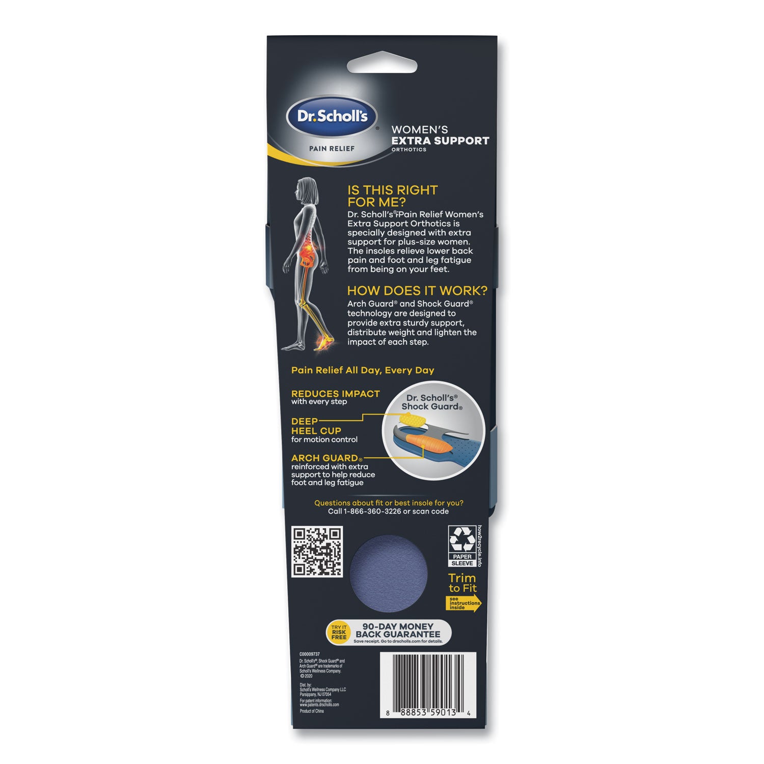 Pain Relief Extra Support Orthotic Insoles, Women Sizes 6 to 11, Gray/Blue/Orange/Yellow, Pair