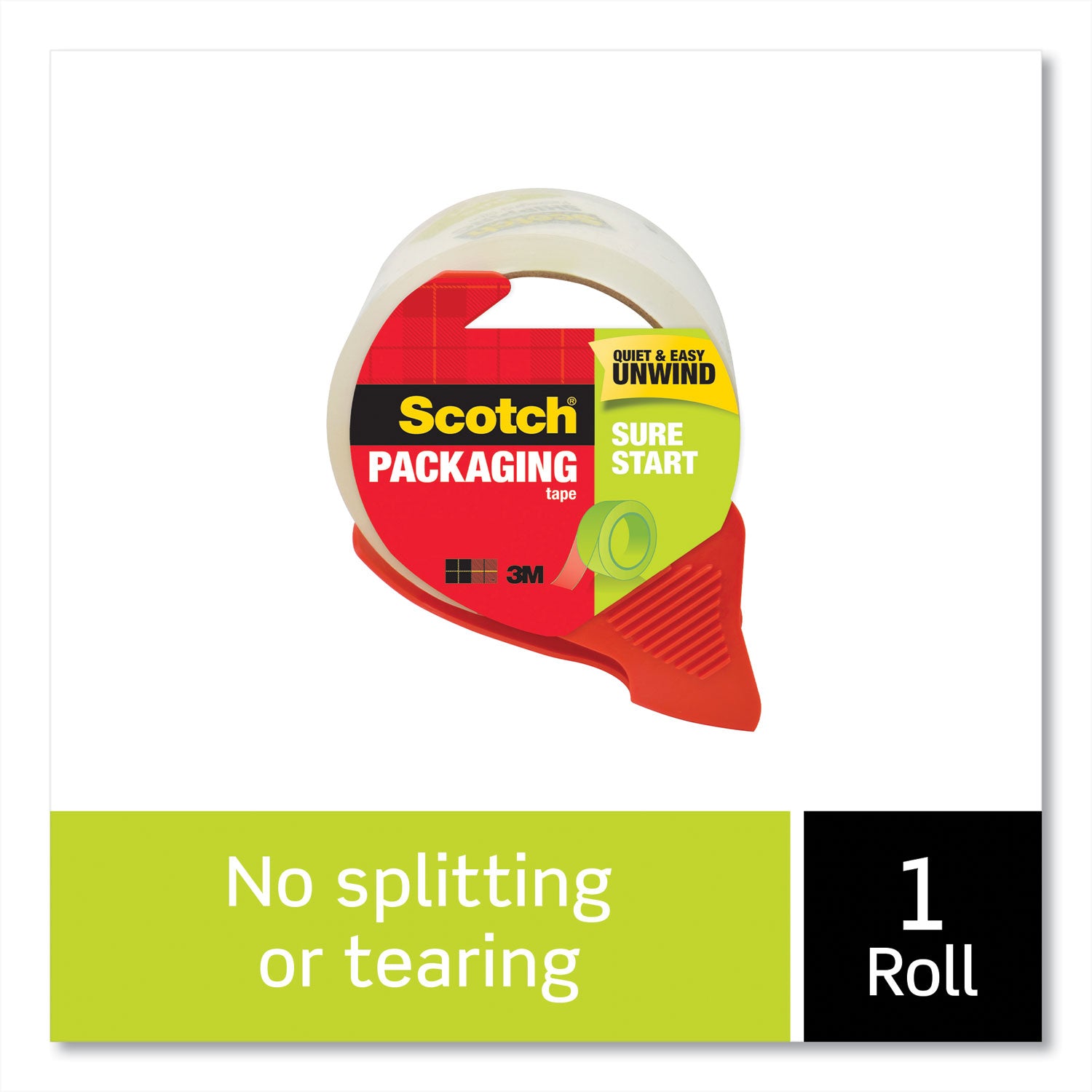 Sure Start Packaging Tape with Dispenser, 3" Core, 1.88" x 38.2 yds, Clear
