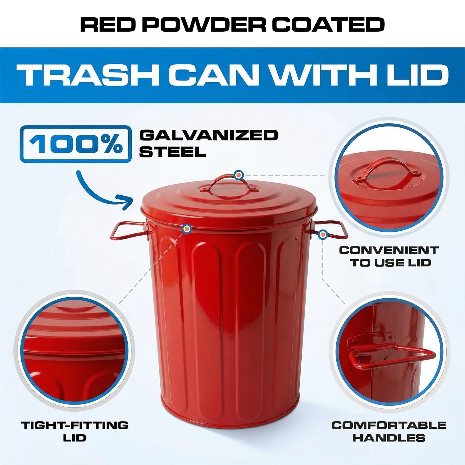 Plexon 5 Gallon Small Metal Trash Can with Lid Outdoor Galvanized Steel Bucket with Lid 5 Gal Storage Can for Dog Food Bird Seed Storage Container Rodent Pet Proof, Red