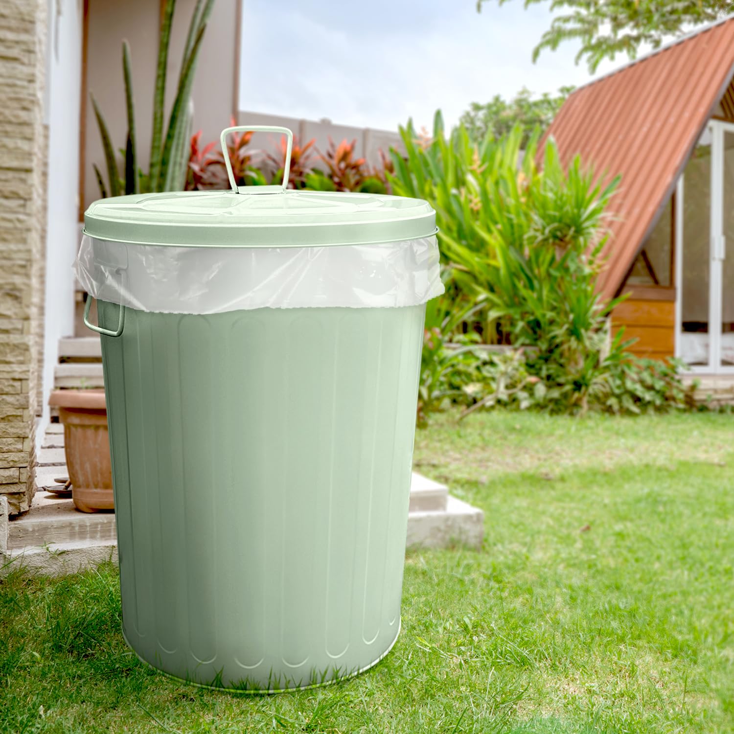 20-Gallon Green Galvanized Steel Round Trash Can with Lid